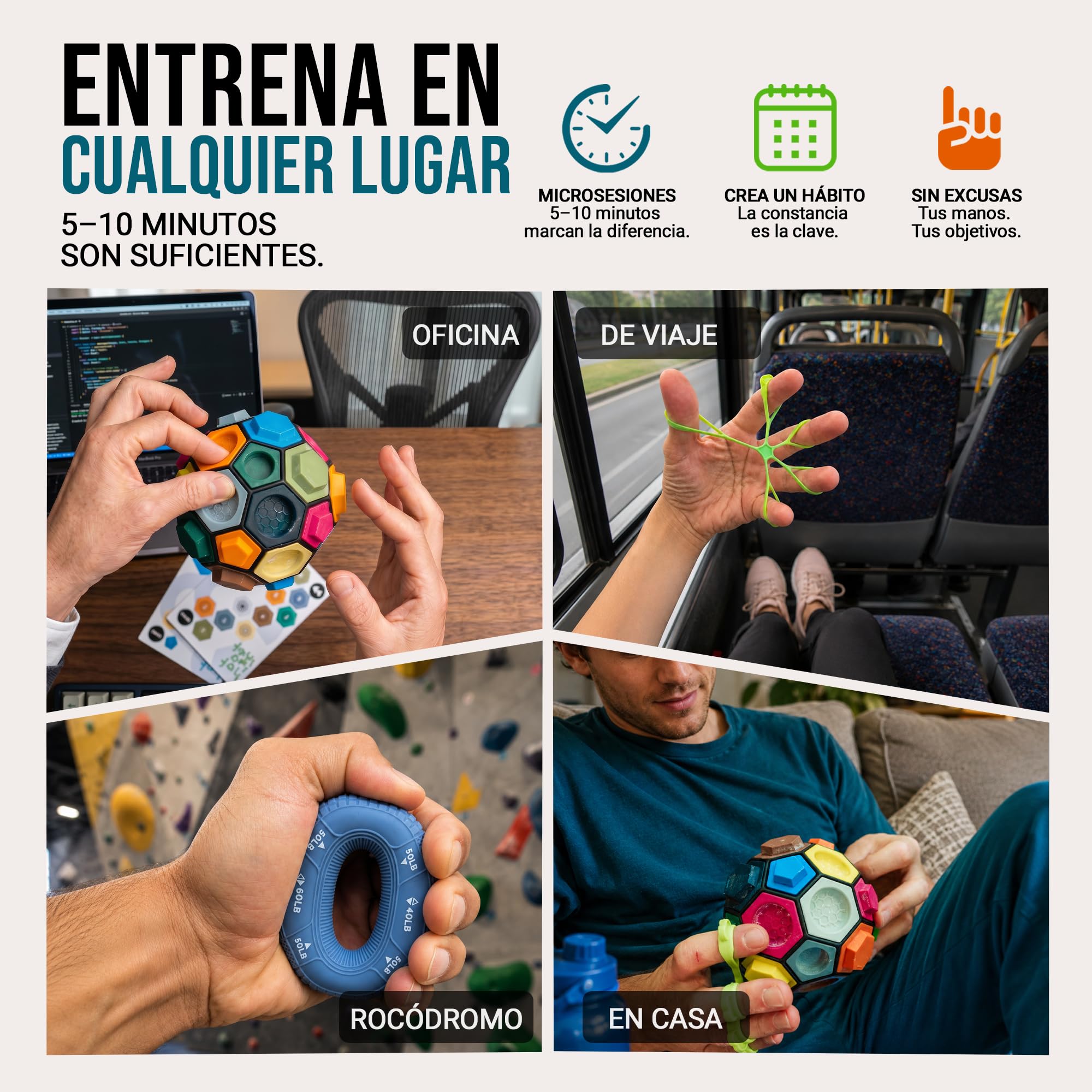 BOULDERBALL POWER Set de entrenamiento para fortalecer dedos mano y antebrazo. Incluye Boulderball anillo grip banda extensora y plan de entrenamiento. Para escaladores deportistas y uso diario
