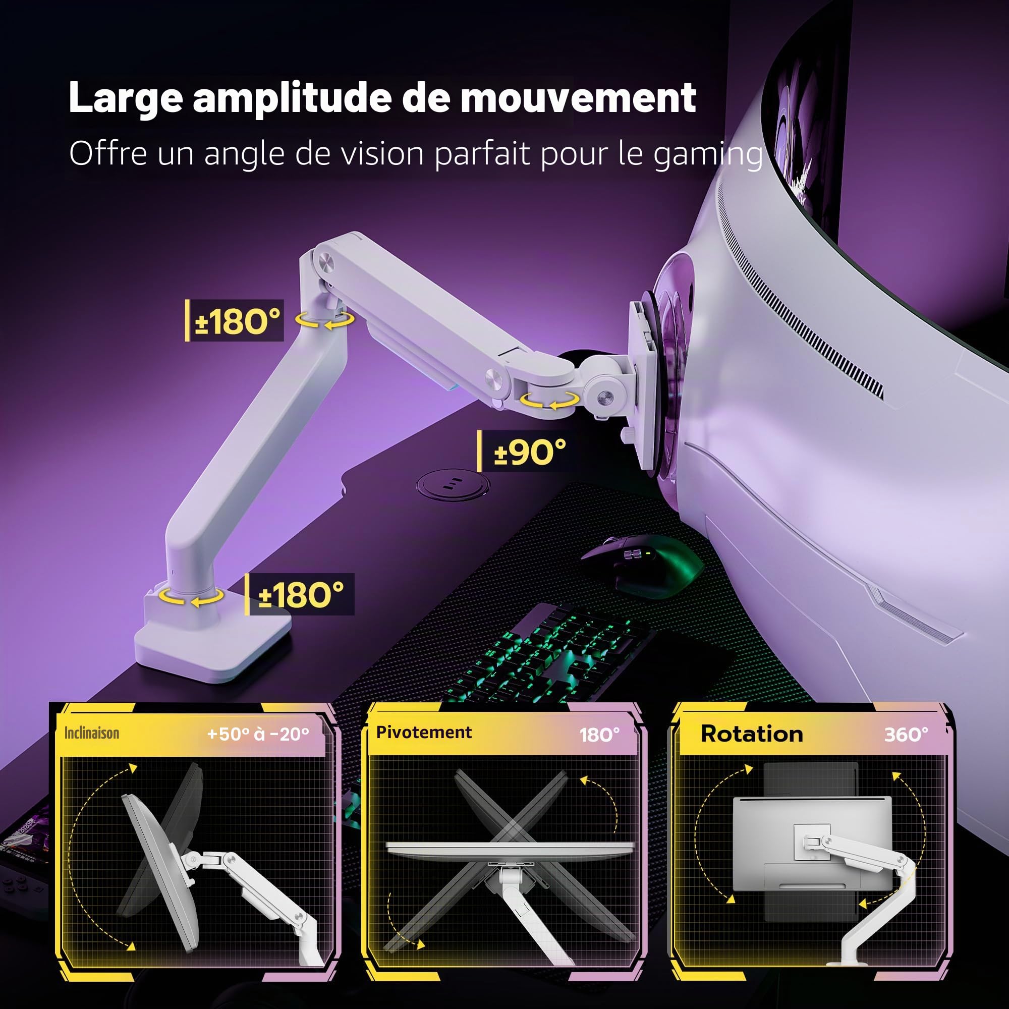 ARES WING Support d'écran pour écrans plats et incurvés de 17-49", bras de moniteur charge max. 20 kg, support de bureau avec ressort à gaz, hauteur réglable, VESA 75/100 mm, blanc