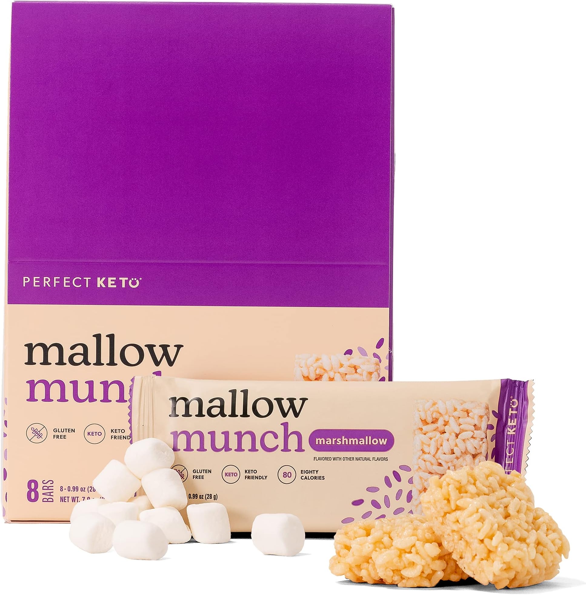 Perfect Keto Mallow Munch, Gluten Free, Cereal Bars, Breakfast Bar, Rice-Free, Low Sugar, Low Carb, Crispy, High Protein Snack, Healthy Snacks, 9g Protein, 2g Net Carbs, Original Marshmallow, 8 Pack
