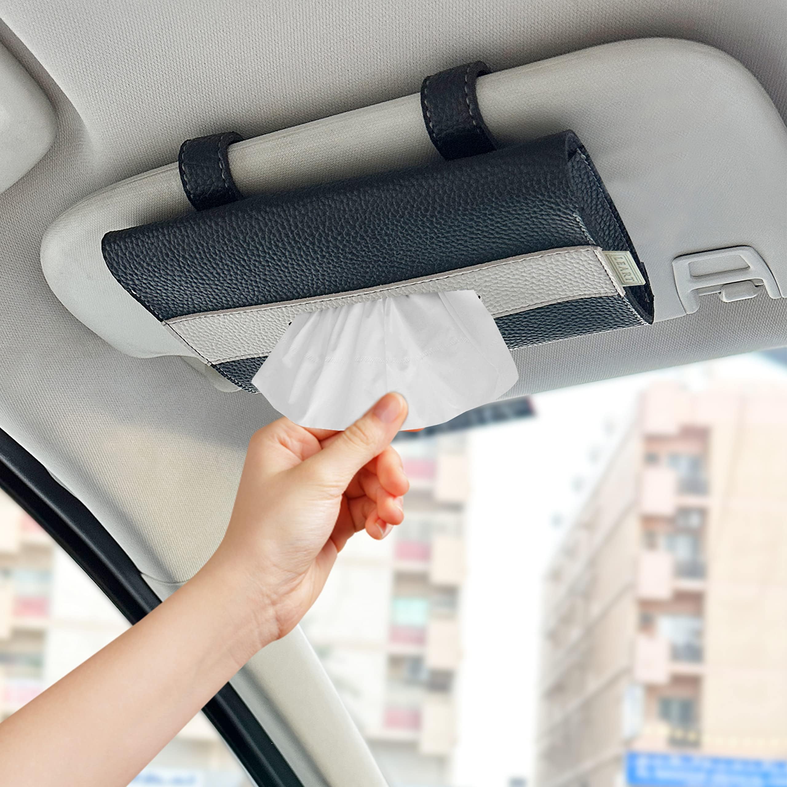 LEART Car Tissue Holder Leather – Visor Tissue Box Holder for Car | Tissue Box for Car | Car Accessories Interior | Car Tissue Box | Visor Tissue Box Holder (Black Visor)