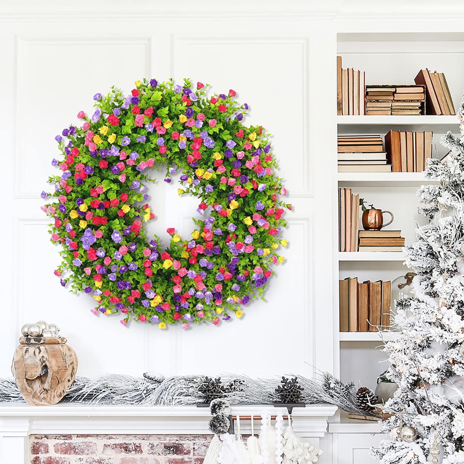 Dremisland Couronne De Marguerites Colorées De 55,9 Cm Avec Feuilles D' eucalyptus Vertes Pour Porte Dremisland Couronne De Marguerites Colorées De 55,9 Cm Avec Feuilles D' eucalyptus Vertes Pour Porte