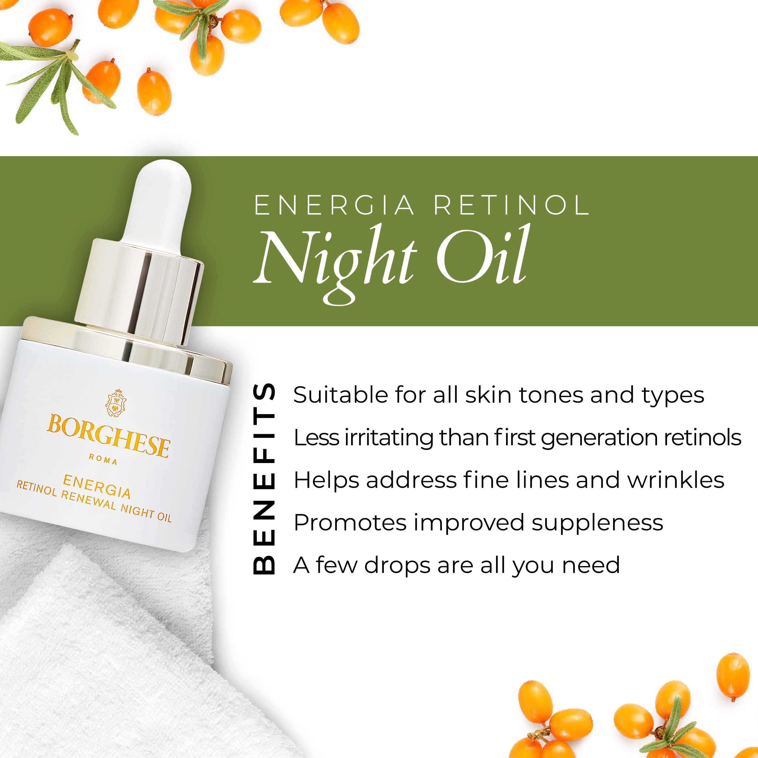 Borghese ENERGIA Retinol Renewal Night Oil - Retinol Serum For Face - 0.9 FL Oz