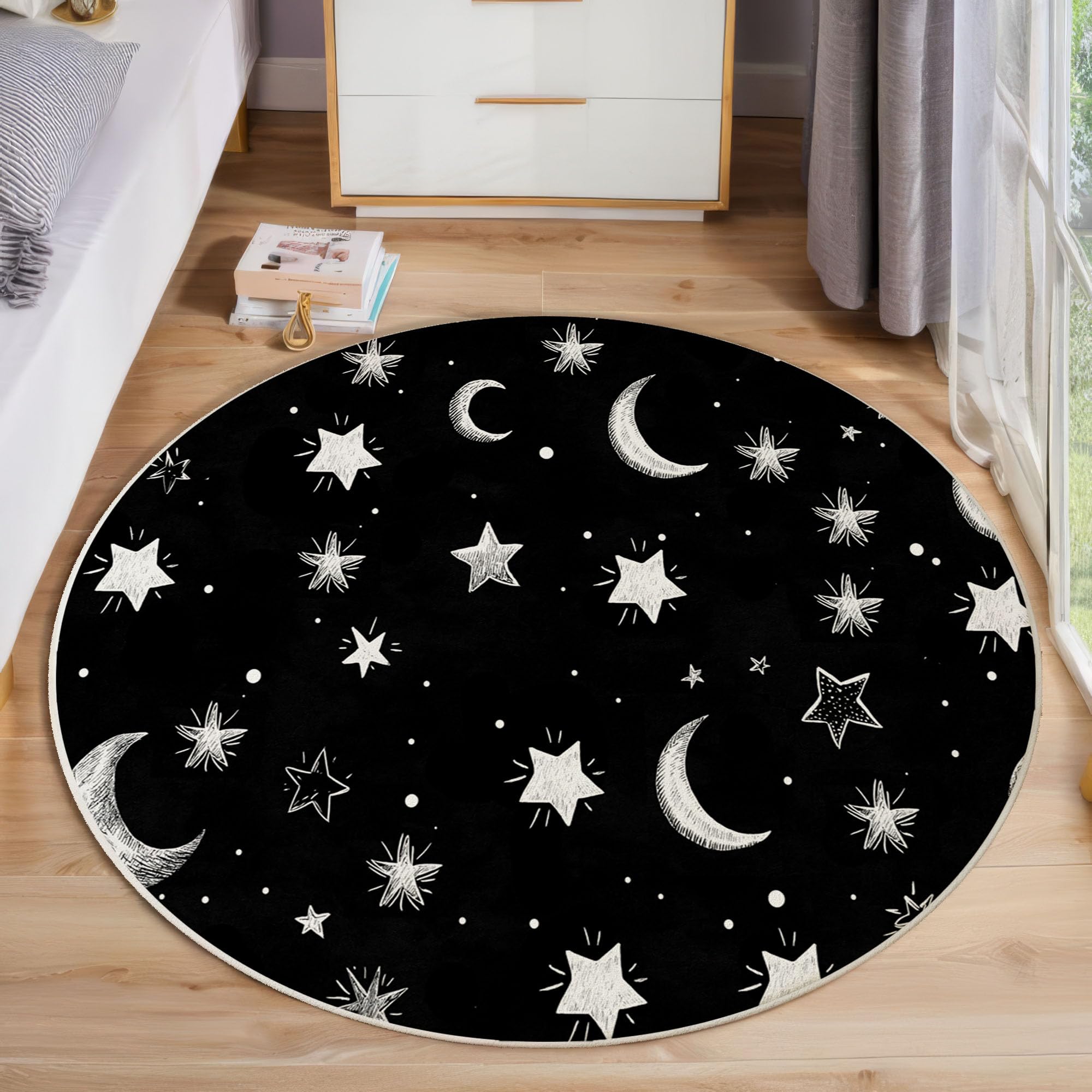 Graffitis pour Enfants Tapis Rond 200cm Lavable en Machine Antidérapant Étoiles Et Lune Ronde Carpet Descente de Lit Doux Poil Ras Carpette pour Salon Salle a Manger Bureau, Noir Et Blanc