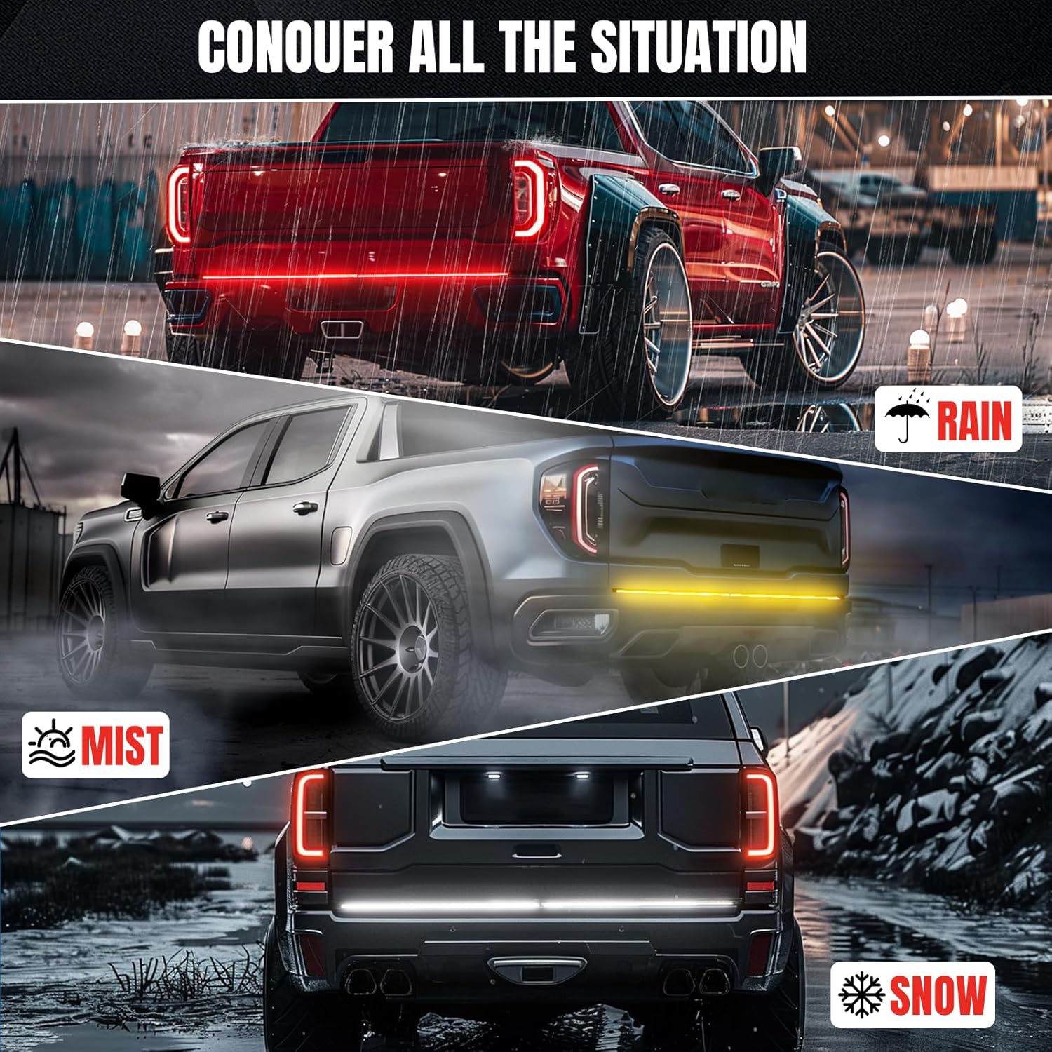 DREAMIZER 60 Inch Aluminum Frame Triple Row 1200 LED Tailgate Light Bar with Running Brake Lights Reverse Sequential Turn Signals for Truck