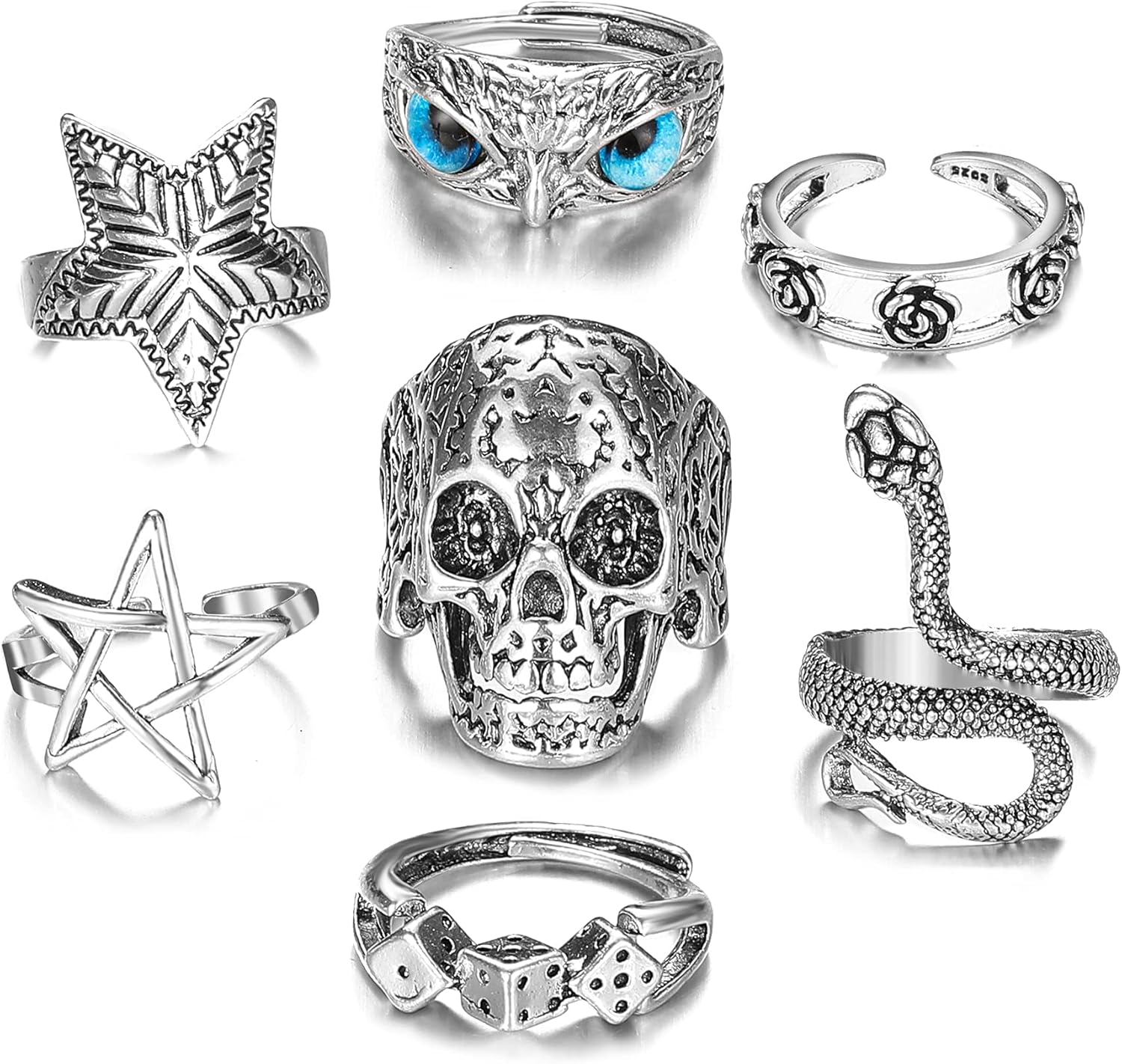 Vintage Silver Open Punk Rings for Men Women, Adjustable Rings, Alt Rings, Chunky Silver Rings, Bulky Rings, Hippie Rings ,Cool Gothic Ring,Statement Stacking Ring, Skull Snake Star Flower Heart Eboy Emo Y2K Ring Set: Clothing, Shoes & Jewelry