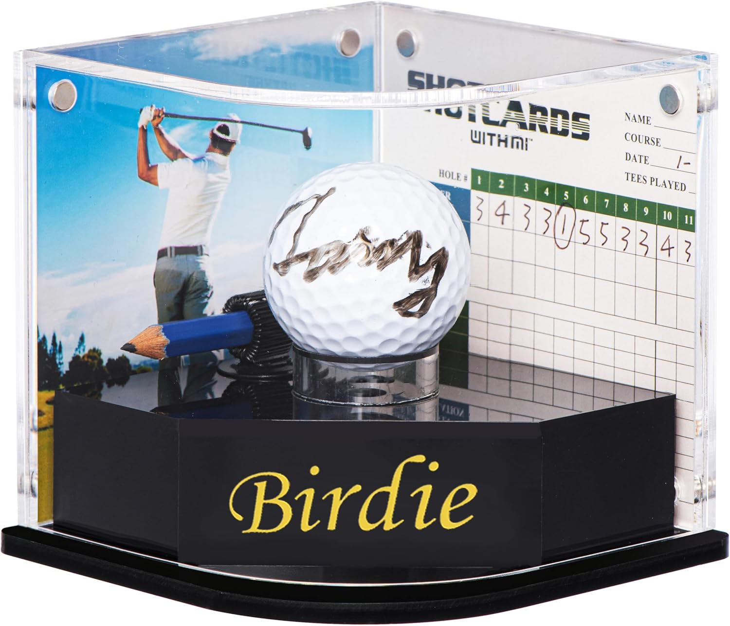 Golf Ball Display Case for Birdie. Black Ball Throne with Golden Stamp. 2X Background Frames on Each Side of Cambered Cover. Pencil Holder, Adhesive Dots are All Included, No Assembly