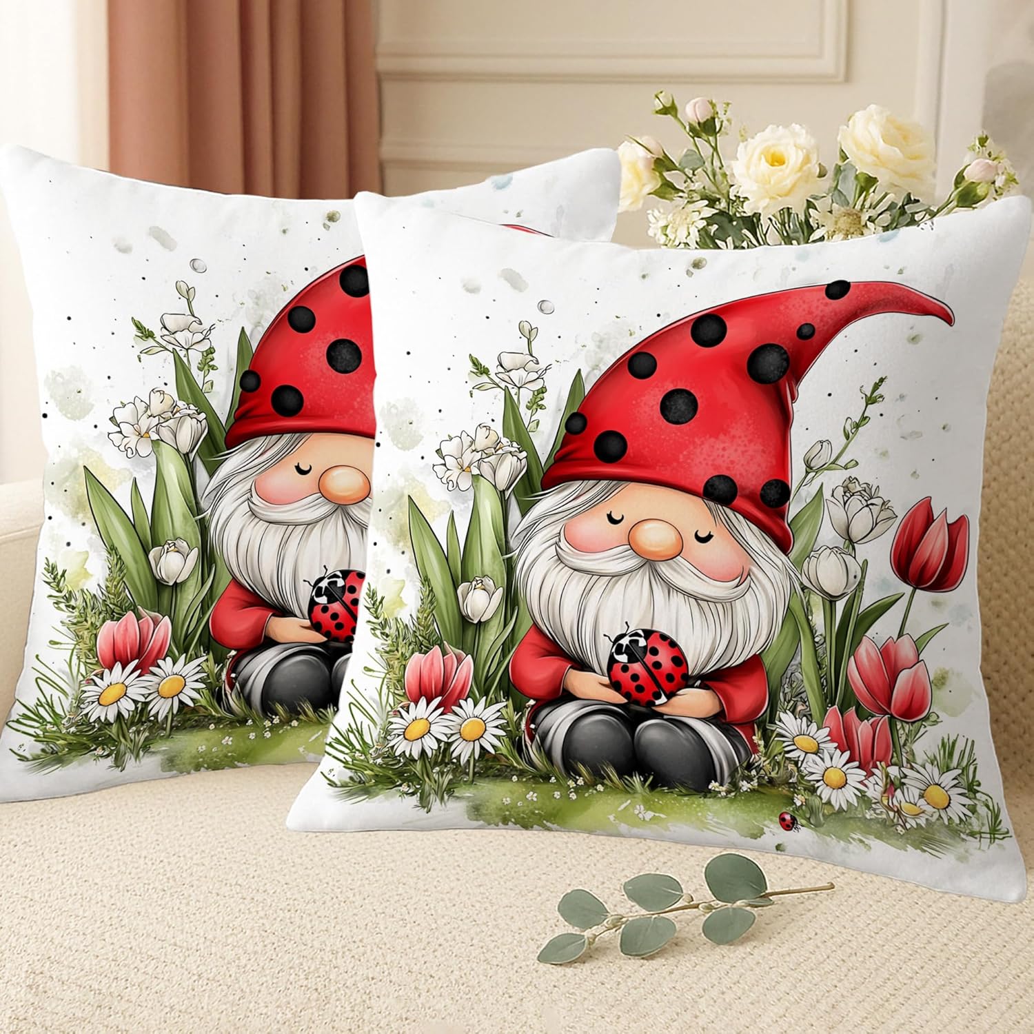 Spring Gnome Pillow Covers Set of 2, Red Ladybug Decorative Throw Pillows, Outdoor Garden Farmhouse Accents Cushion Covers for Home Sofa Bed Couch 28x28 Inch