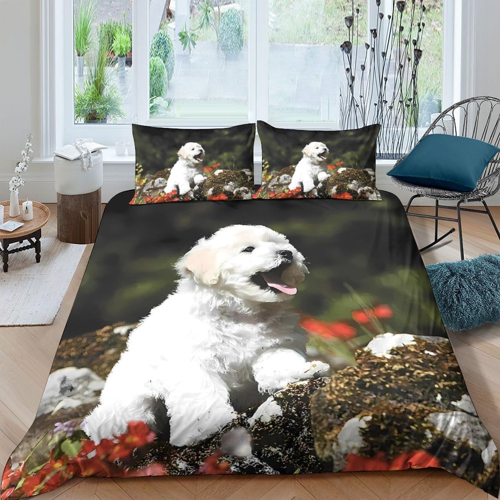 TUFRTGYHN 3D Printed Puppy Dog Duvet Cover Microfiber Soft Breathable Floral Quilt Cover Set with 2 Pillowcases for Bedroom Decor Single（135x200cm）