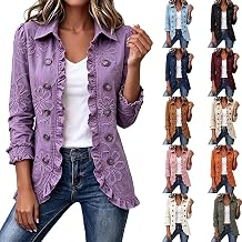 Womens Jackets Casual Stylish Ruffle Trim Long Sleeve Button Down Coat