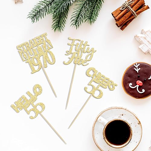 Miniatura 3 de Gyufise Paquete de 24 adornos para cupcakes de cumpleaños 55 con purpurina dorada recta Outta 1969 Fifty Five Hello 55 Cheers to 55 Years Birthday