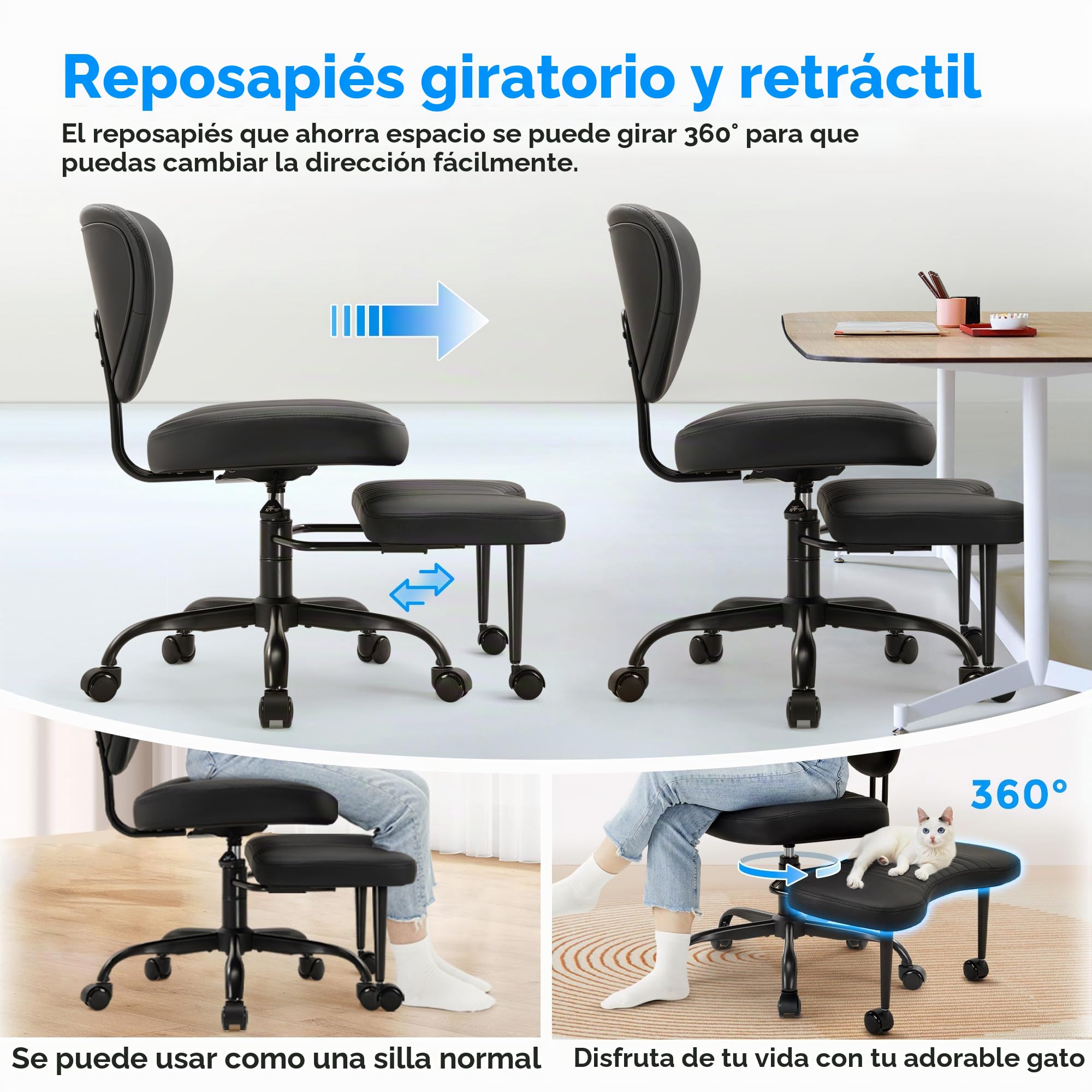 IWMH - Silla de oficina ergonómica de pie cruzado, silla de meditación giratoria de 360° con ruedas para TDAH, altura ajustable, diseño contemporáneo, negro