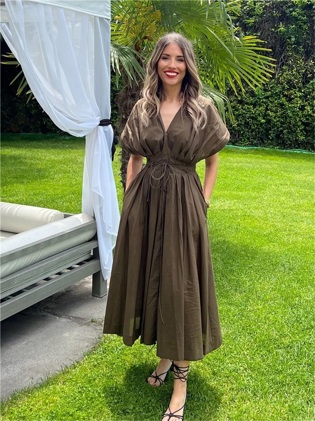 Vestido de Playa Verano Mujer Encaje Plisado diseño un Solo Pecho Midi Mujeres Manga Corta Elegante Delgado