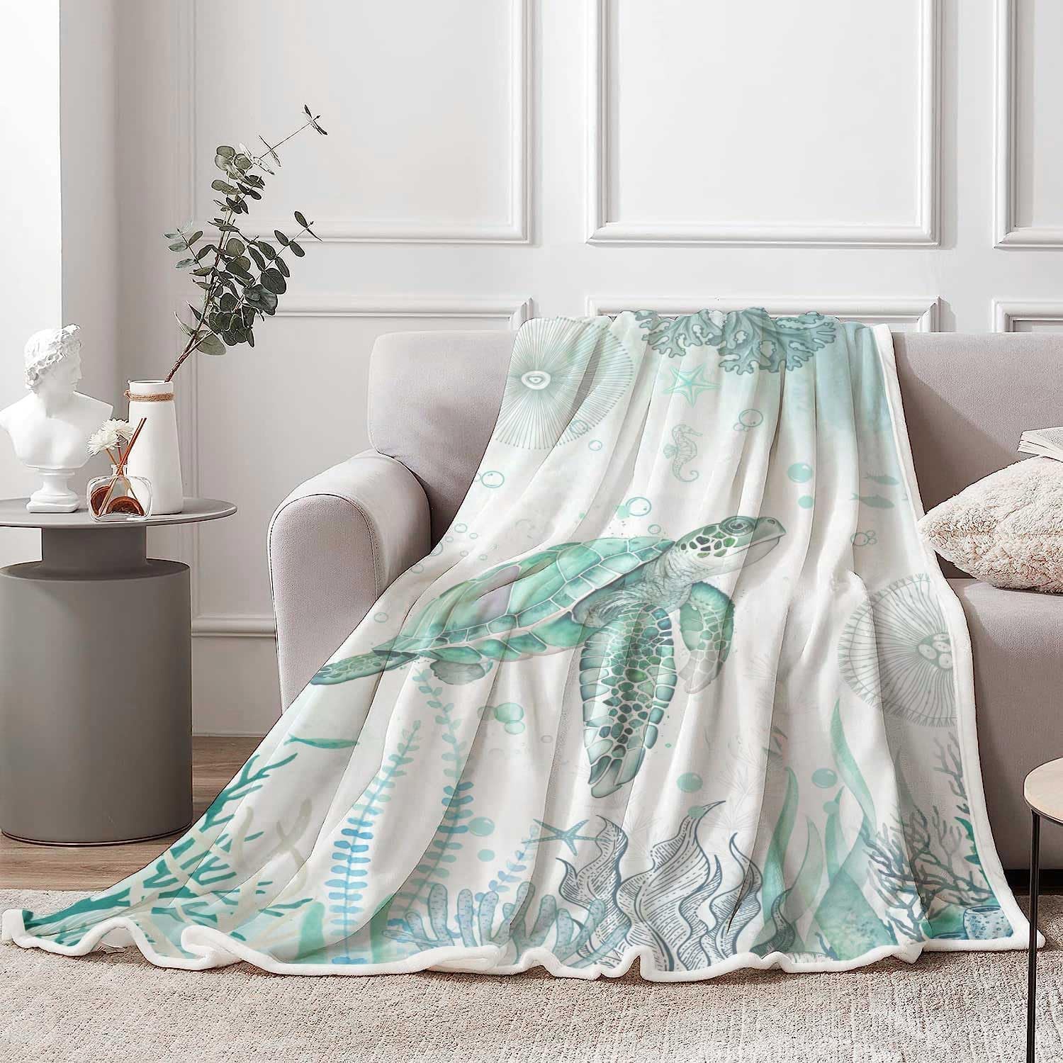 Sea Turtle Throw Blankets,Blue Teal Ocean Beach Nautical Coastal Fish Beachy Flannel Warm Soft Cozy Fluffy Bed Couch Blanket,White Fleece Throws to Decorate The Room and Bedroom 60 x 80