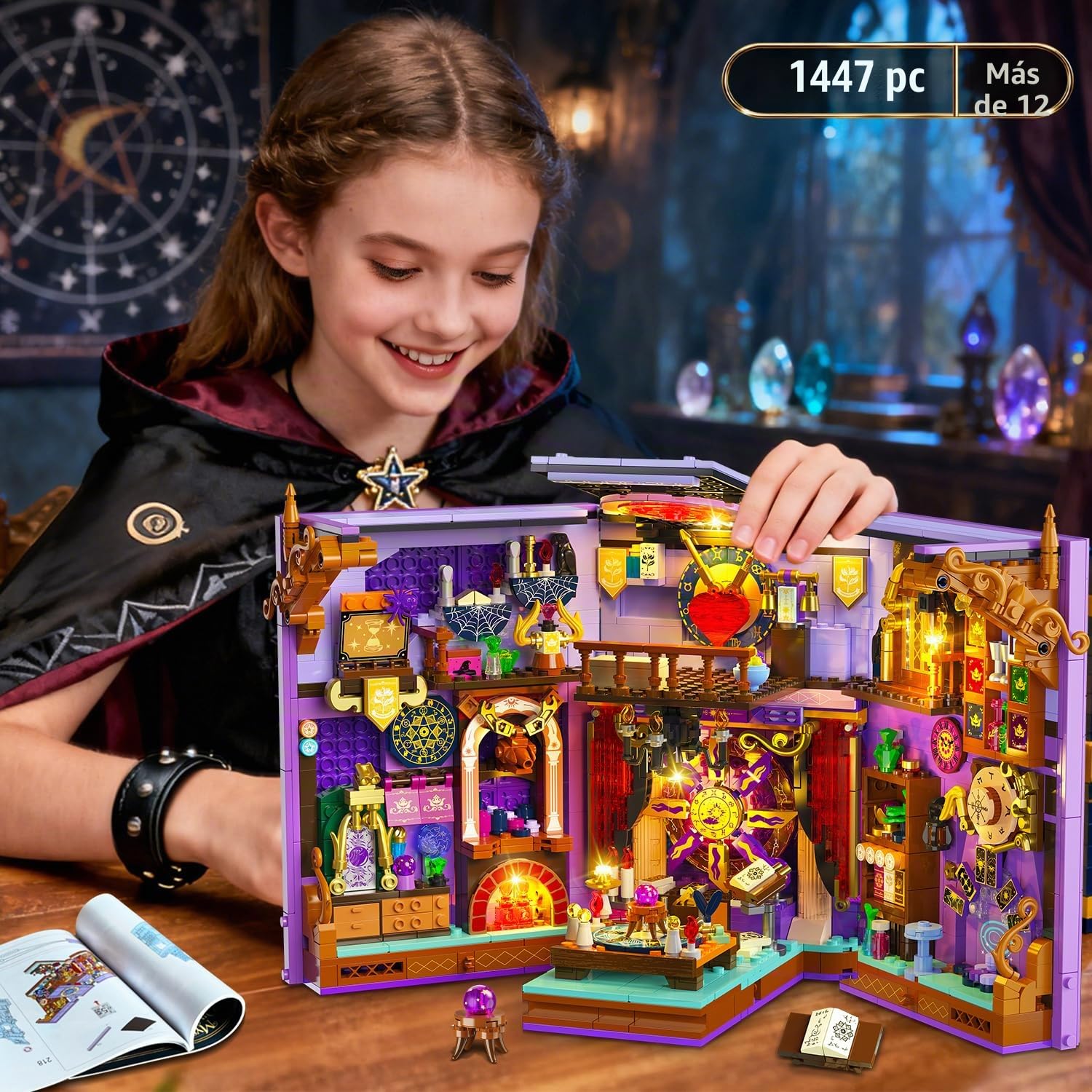 INSOON Oráculo místico libro Nook juguete de construcción con luz recargable, 1447 piezas DIY magia Booknook bloques de construcción como decoración del hogar, miniatura casa de libros, juego de