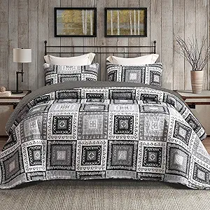Exclusivo Mezcla Reversible Boho Quilt Set Twin Size, 2 Pieces Patchwork Black All Season Bedspreads, Ultra Soft Floral Coverlet Bedding Set with Printed Pattern (1 Quilt, 1 Pillow Sham)