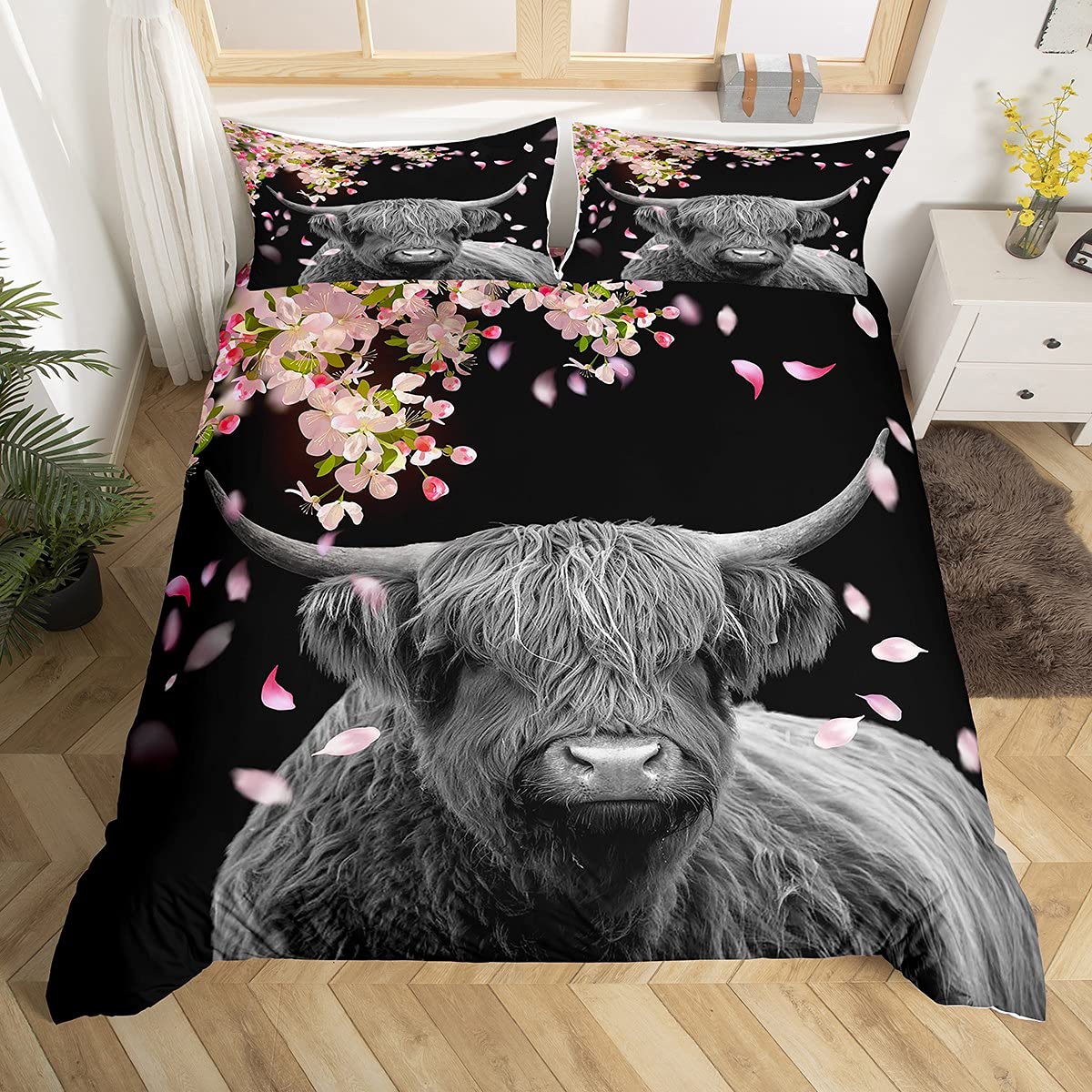 Loussiesd Highland Cow Bedding Set Western Bedding & Linen for Kids Adults Cherry Blossoms Duvet Cover Pink Petals Wild Animal Portrait Bedding & Linen 3Pcs With 2 Pillow Case King Size โ image 1