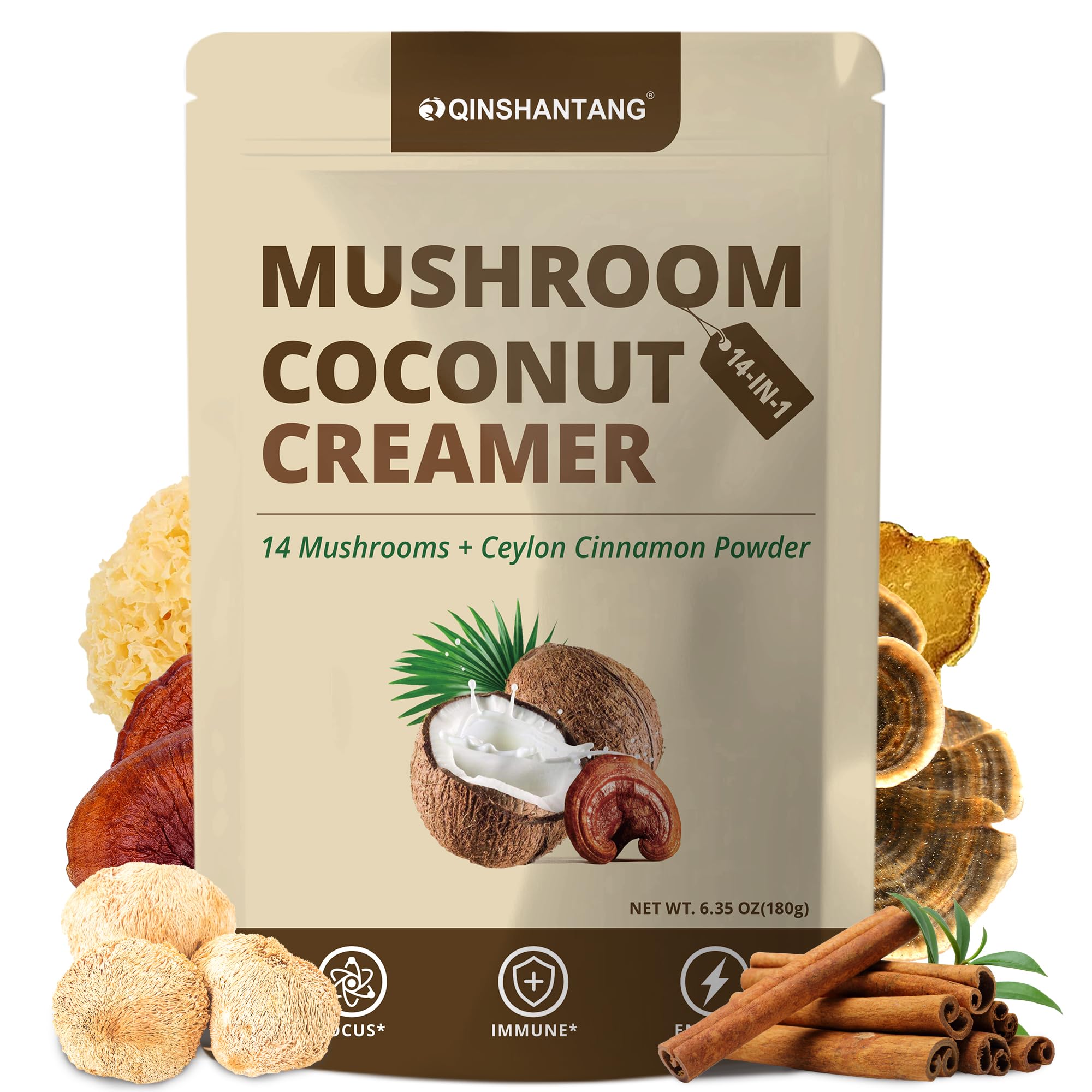 Mushroom Coconut Creamer, Natural Creamer for Coffee, 14 Mushrooms Extract |Lion's Mane, Turkey Tail, Reishi, Maitake, Chaga and Ceylon Cinnamon | Boosts Focus, Immunity and Energy | 6.35oz