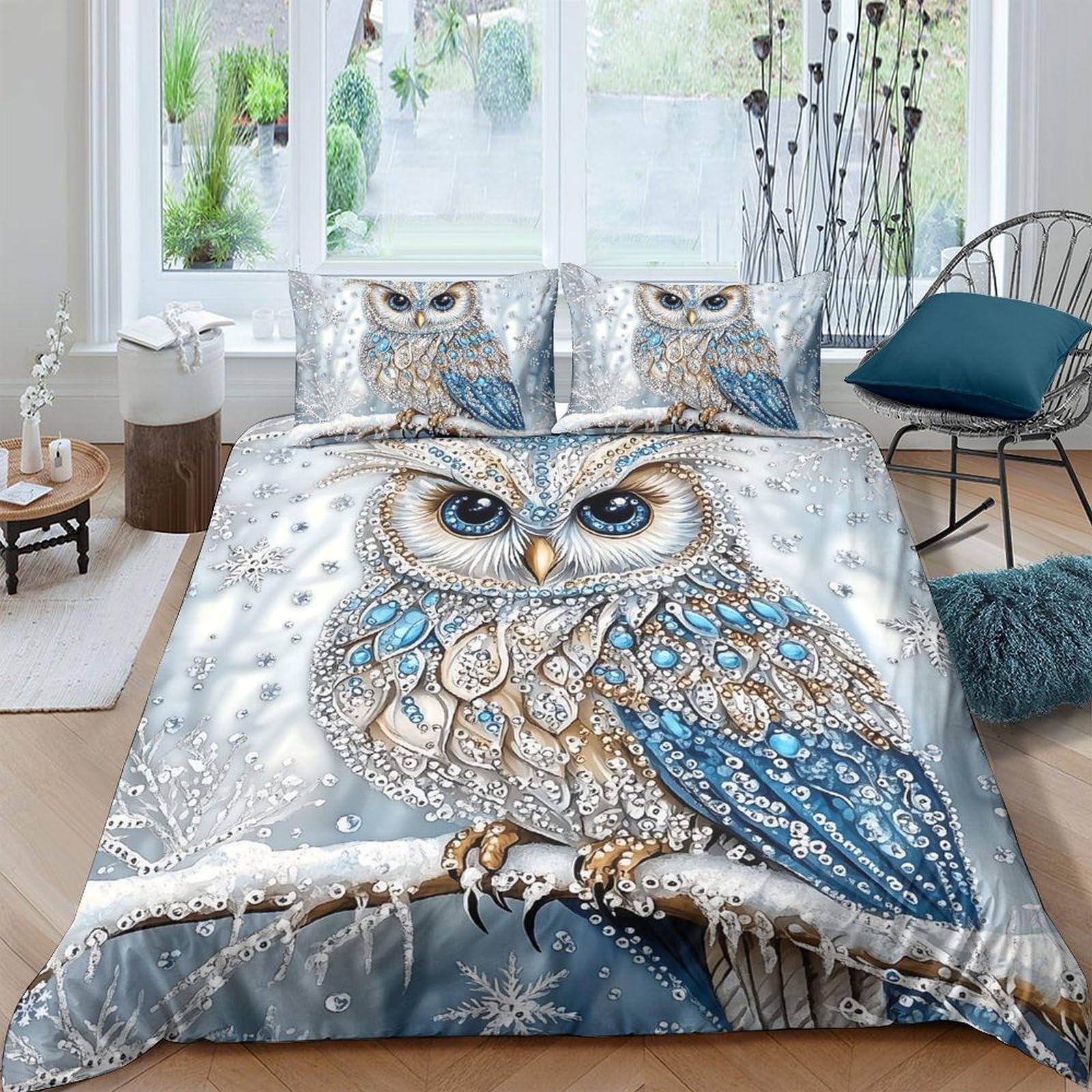 GPLZQXKJNH 3D Printed Blue Owl Duvet Cover Set Microfiber Soft Breathable Forest Animal Bedding Set with 2 Pillowcases for Bedroom Single（135x200cm）