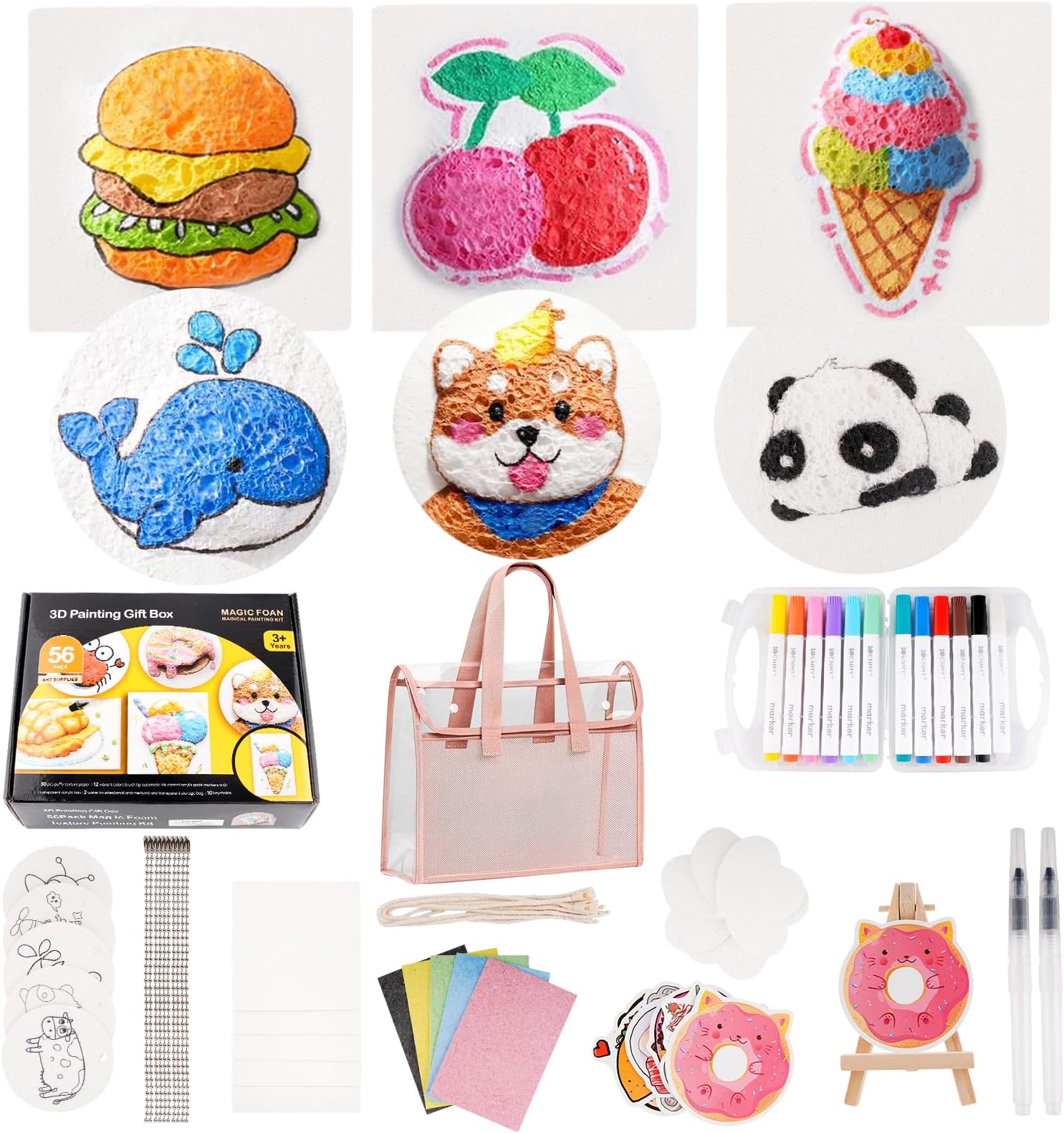 Edaick 56 Pcs Magic Foam Texture Painting Kit Puffy Paint Paper 3D Drawing Sponge Canvas DIY Art and Craft Supplies Foam Texture Paper with Colors Marker Water Brushes for 3D Craft Drawing