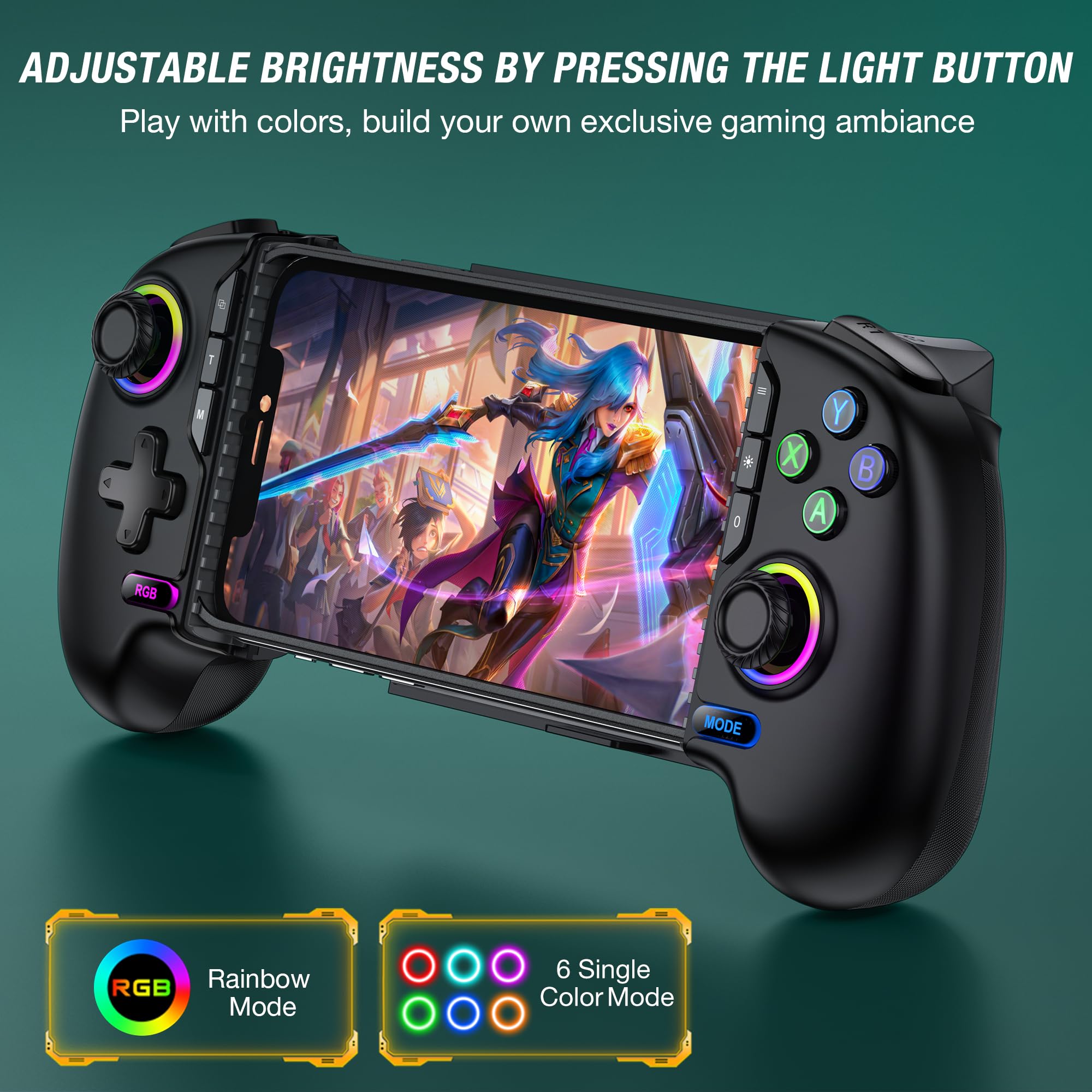 Controller da gioco mobile per iPhone e Android, controller per telefono per Xbox/Steam/GeForce Now/MFi Apple Arcade/Roblox/Minecraft, controller wireless per giochi telefonici con joystick effetto
