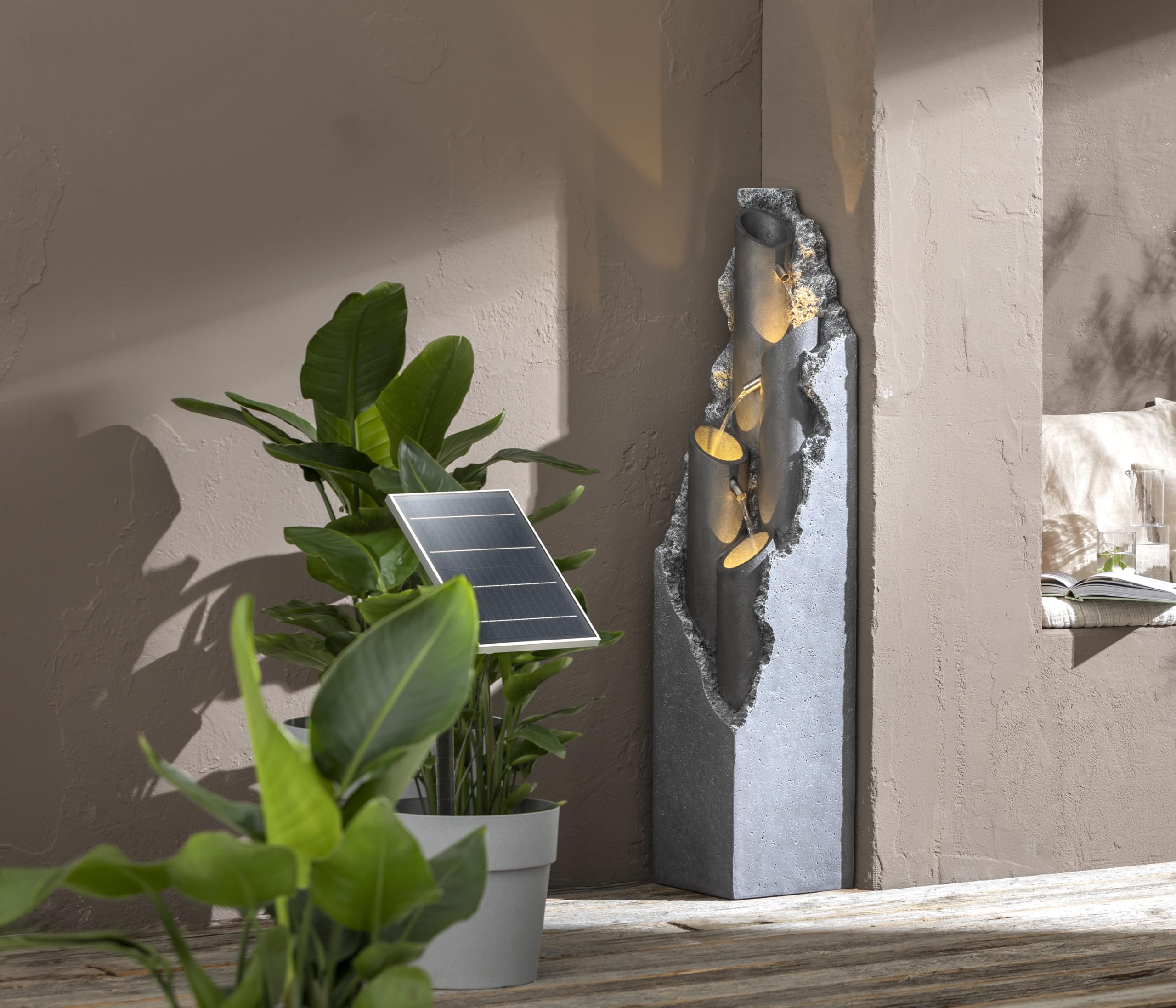 Dehner Gartenbrunnen Tubi, Solarbrunnen frostbeständig, Brunnen für Außen, mit LED Beleuchtung, ca. 113.2 x 27.5 x 27.5 cm, Polyresin, grau
