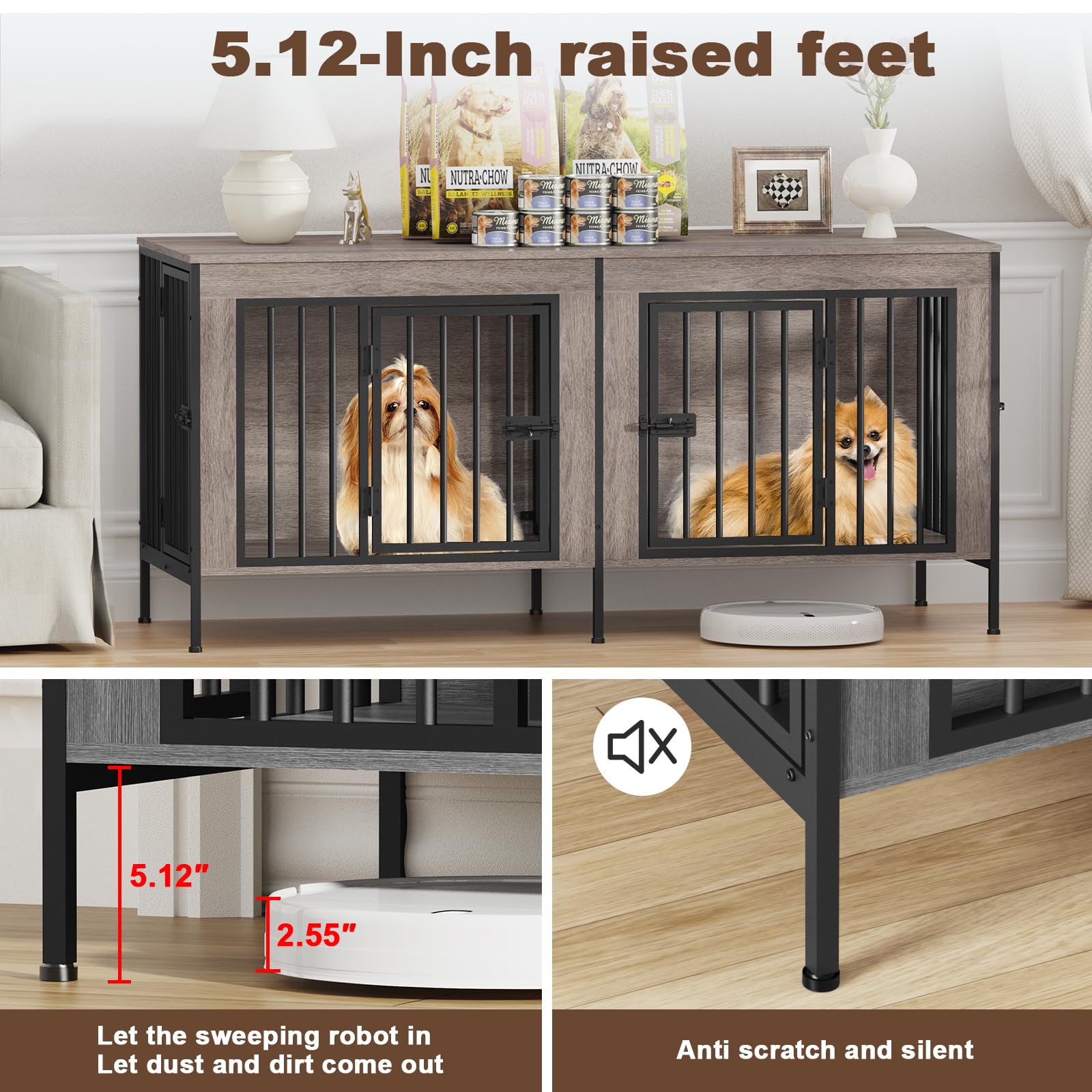 Hundekäfig Möbel für 1 Oder 2 Hunde, 4 Türen, 140 cm Holz Hundekäfig für Kleine/Mittlere Hunde, Indoor Hundebox für Zuhause als Beistelltisch und TV-Ständer, 140 x 52 x 66 cm, Graueiche