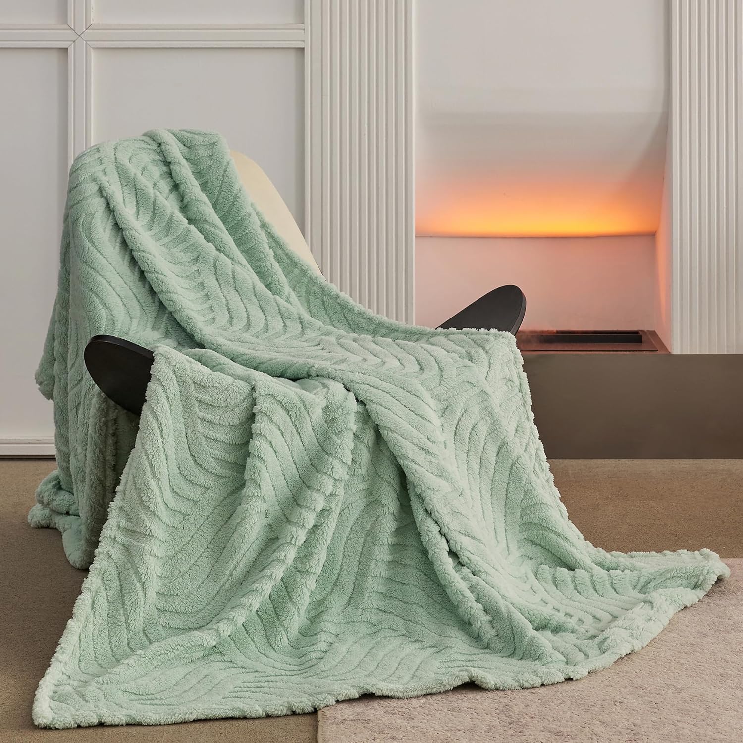 home fleece twin blanket for couch, bed, tv, party, and gift - 3d jacquard decorative blankets - cozy soft lightweight fuzzy flannel blanket, all seasons, 60x80 inches, sage green - wave sage green - wave 60" x 80"
