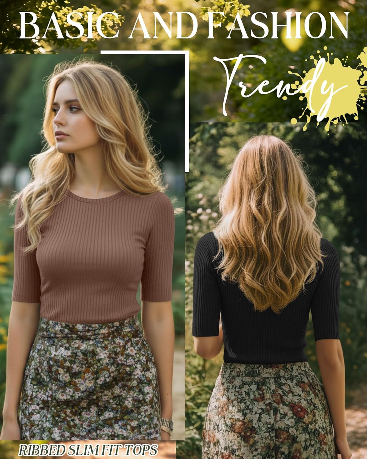 Riyiper 3 Pack Women's Half Sleeve Tops, Elbow Length Ribbed Cotton T Shirt Crew Neck Summer Tee Slim Fit Casual Blouses - Image 4