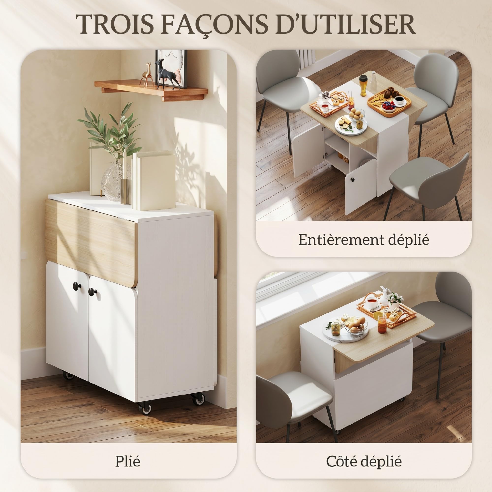 HOMCOM Table à Manger Pliante sur roulettes Étagère 70x83x75 cm Blanc