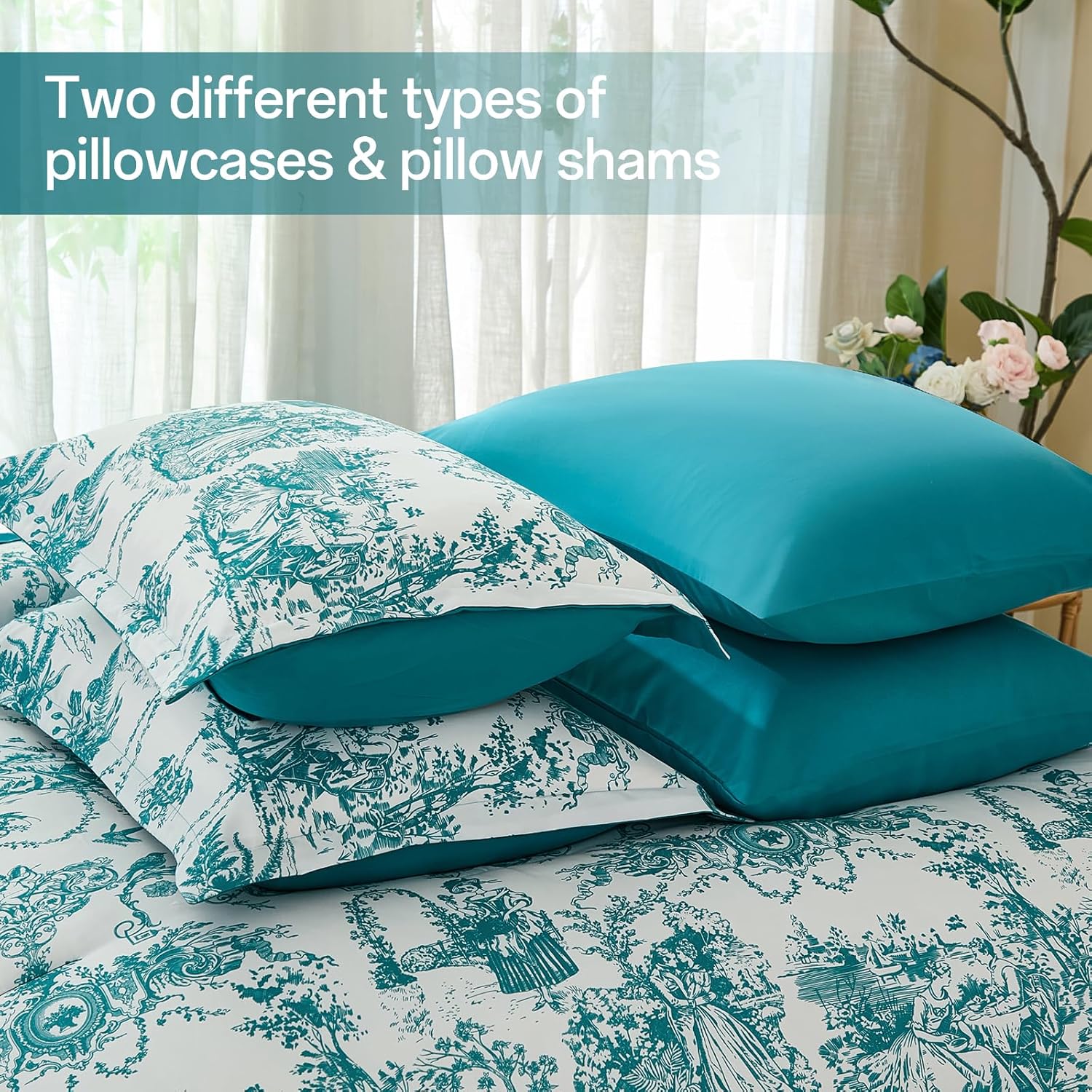 Xruibed Teal Comforter Set Queen Size 7 Pieces, Botanical Floral Bed in a Bag with Toile de Jouy Comforter, Sheets, Pillowcases & Shams, Soft Microfiber Bedding Set for All Season 90''x90''