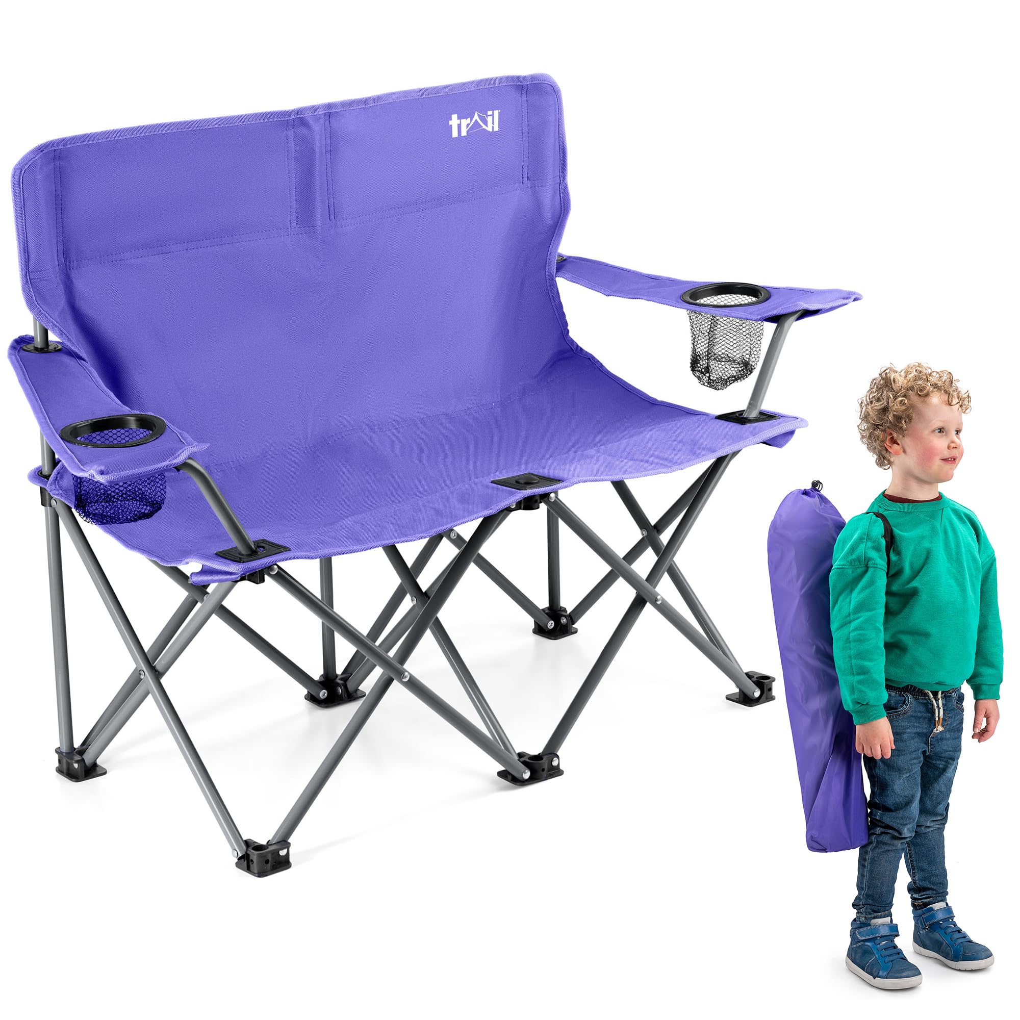 Trail Condor Kids Double Camping Chair, Purple Lightweight Folding 2 Seater with Safety-Locking Steel Frame, Water-Resistant 600D Seat with Cup Holders, 30cm Seat Height, Carry Bag Included (Ages 2-6)