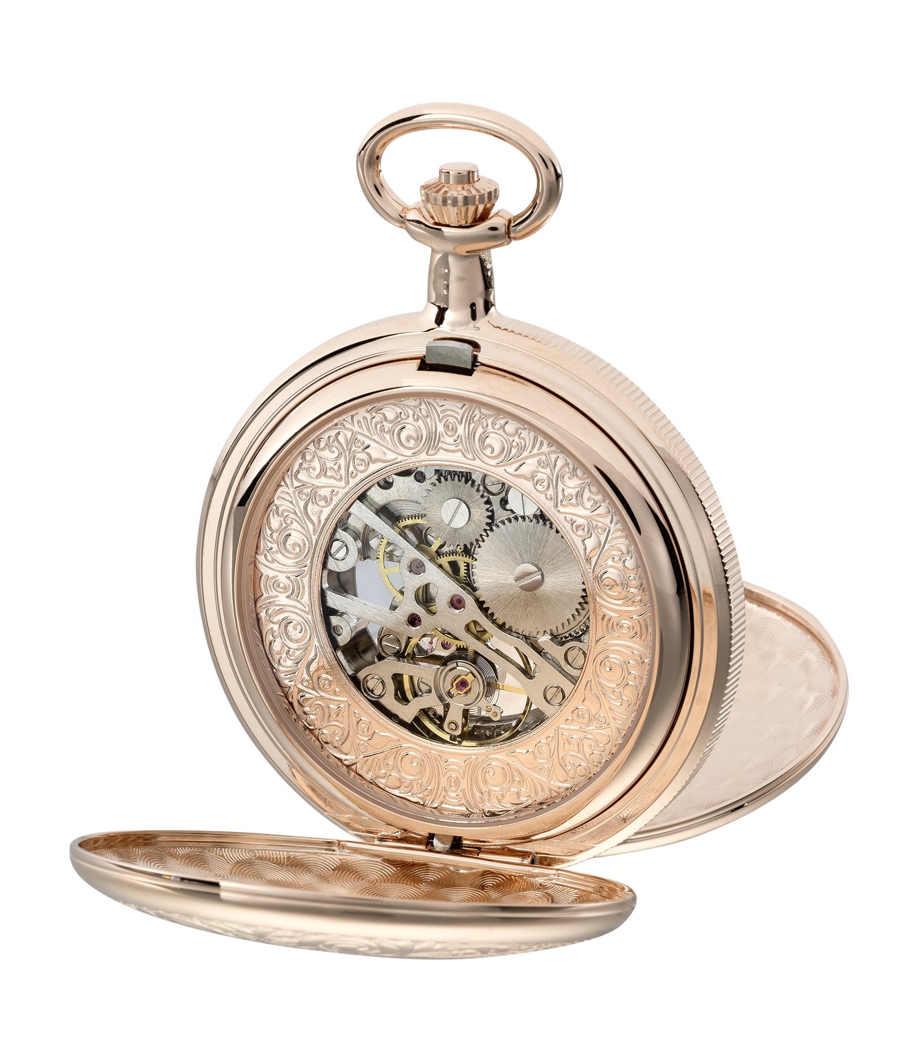 Reloj de Bolsillo con Tapa Doble Esqueleto mecánico con Cadena y Estuche