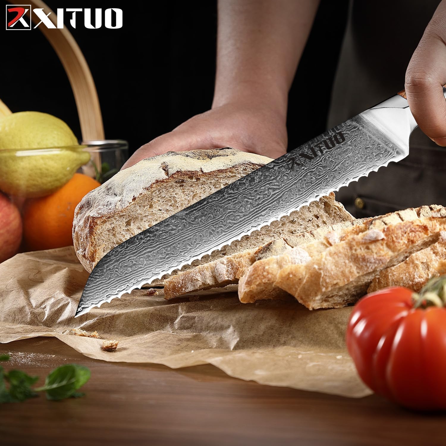 Damascus Steel 8-Inch Bread Knife with Olive Wood Handle - Sharp Precision Kitchen Knife Bread Slicer Cutter Gift - Slicing Knife for Professional & Home Chefs
