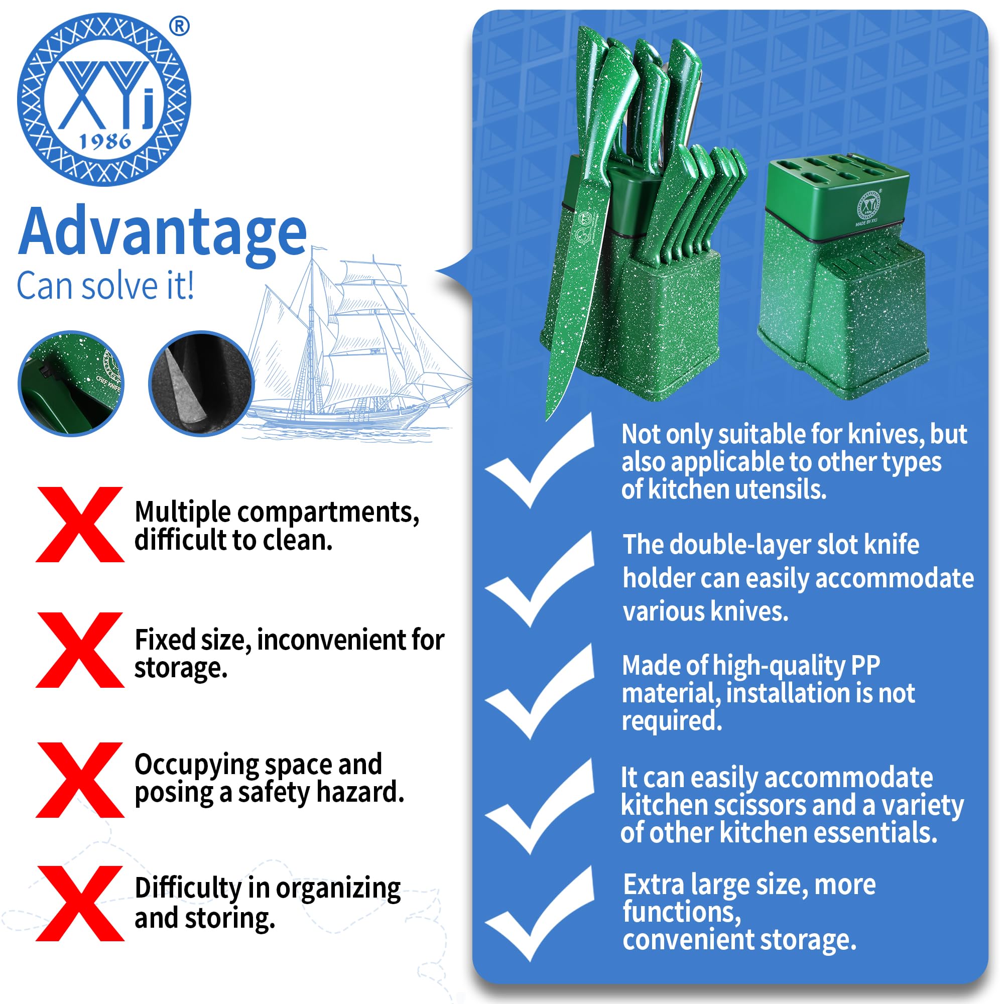 XYJ Authentic Since 1986 - Set di coltelli da cucina in acciaio inox con portacoltelli, manico verde, coltelli da cucina giapponesi, coltello da bistecca, coltello trinciante, coltello da pane