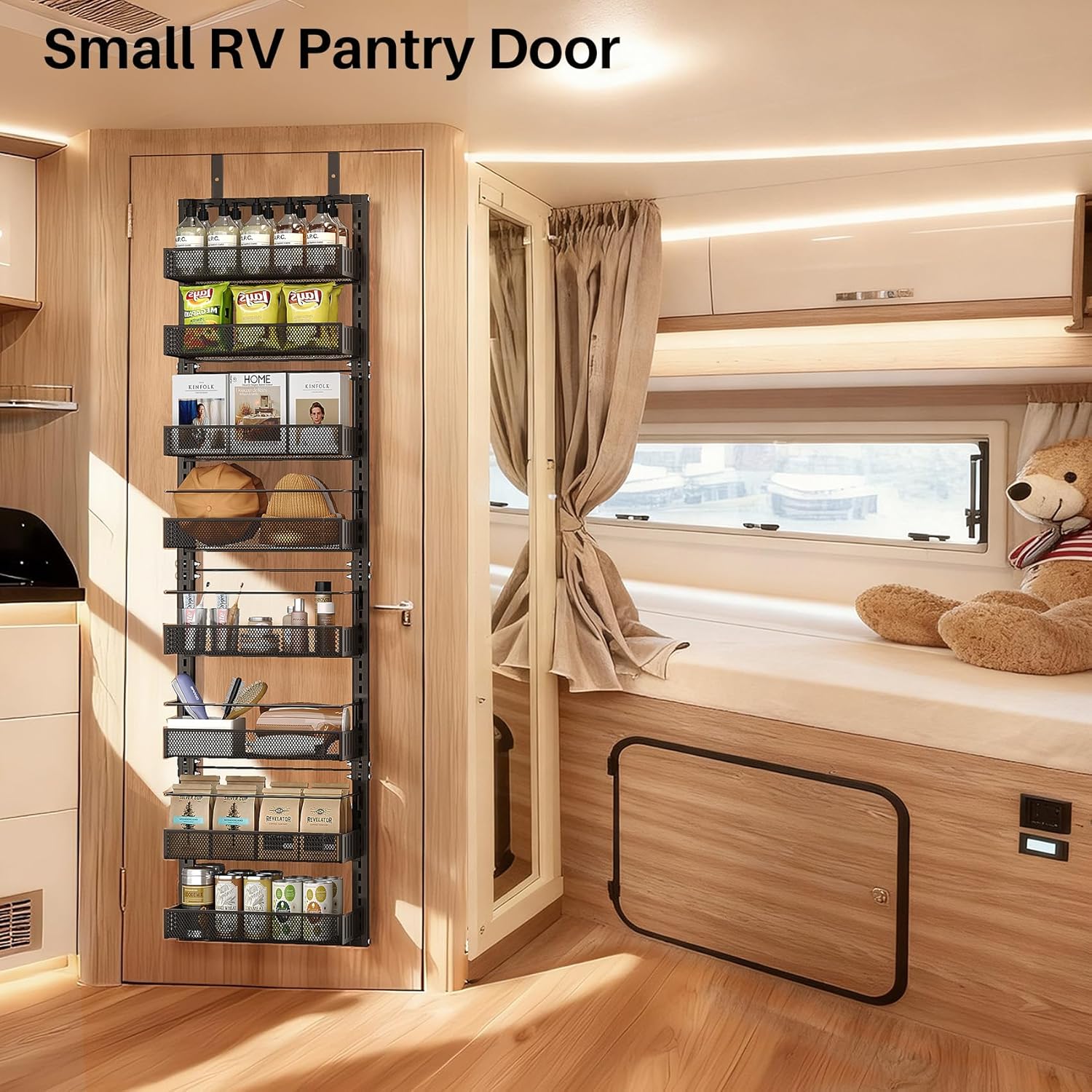 8 Tiers Over the Door Organizer - Height Adjustable Pantry Organizers and Storage with Dense Mesh Baskets, Anti-Swing Hanging Door Spice Rack for Kitchen Bathroom (Black, 12.3"W x 4.7"D x 69"H)