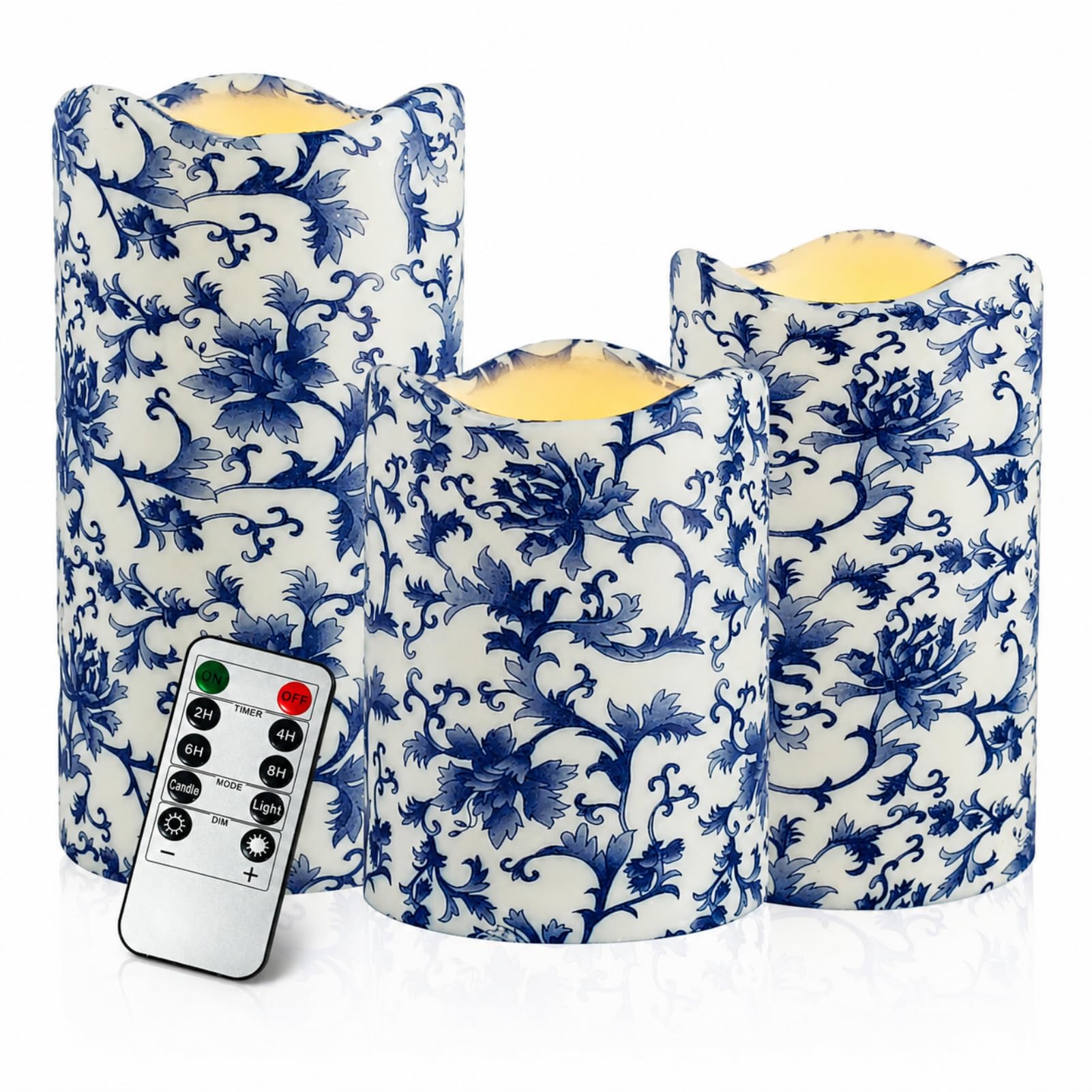 Blue &amp; White Flameless Pillar Candles, 3 Pack Remote Timer Candle