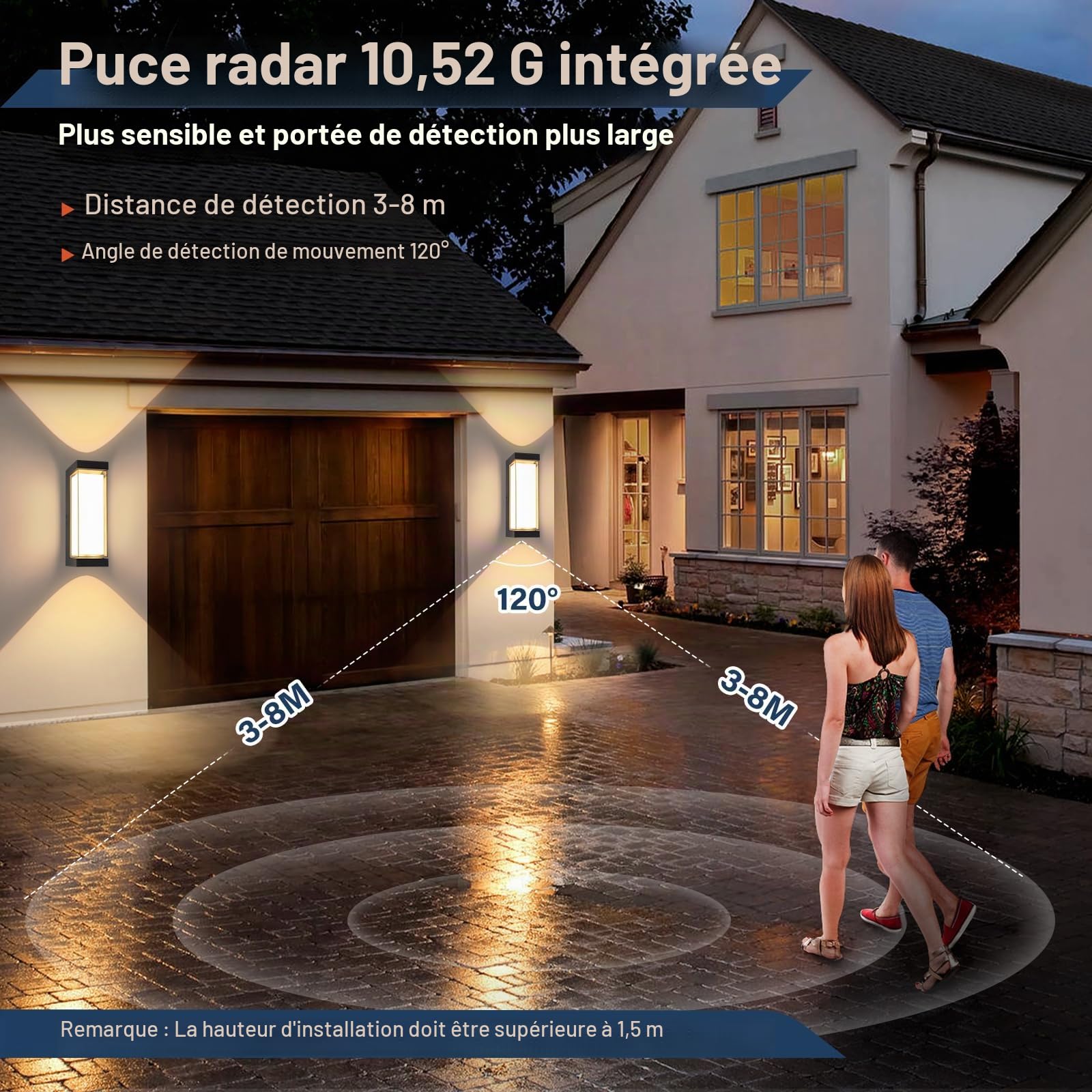 YindaLux 24W LED Lampe d'extérieur avec détecteur de Mouvement Noir, IP65 3000LM Applique Murale Intérieur/Extérieur, 3000K Moderne Lampe d'extérieur en Aluminium pour Entrée, 2 Pièces