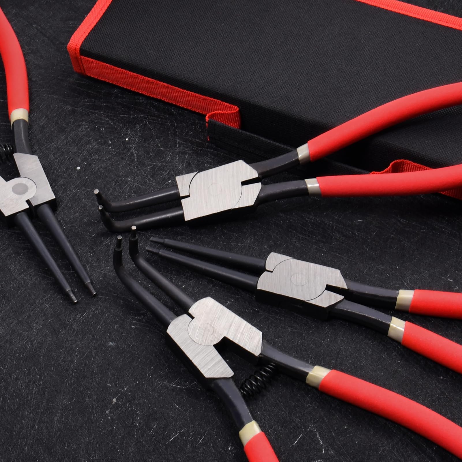 LEONTOOL 4pcs 13 pulgadas de servicio pesado interno y externo alicates con bolsa de almacenamiento de punta de mandíbula doblada recta, para instalar anillo de retención de extracción