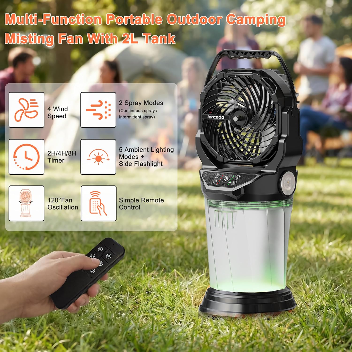 Jercoda Portable Misting Fan,Rechargeable Mist Fans with 2L Ice Water Tank,120°Auto Oscillating Outdoor Cooling Fans,4 Speed Spay Fan with Remote Control for Outside,Camping,Ourdoor,Patio