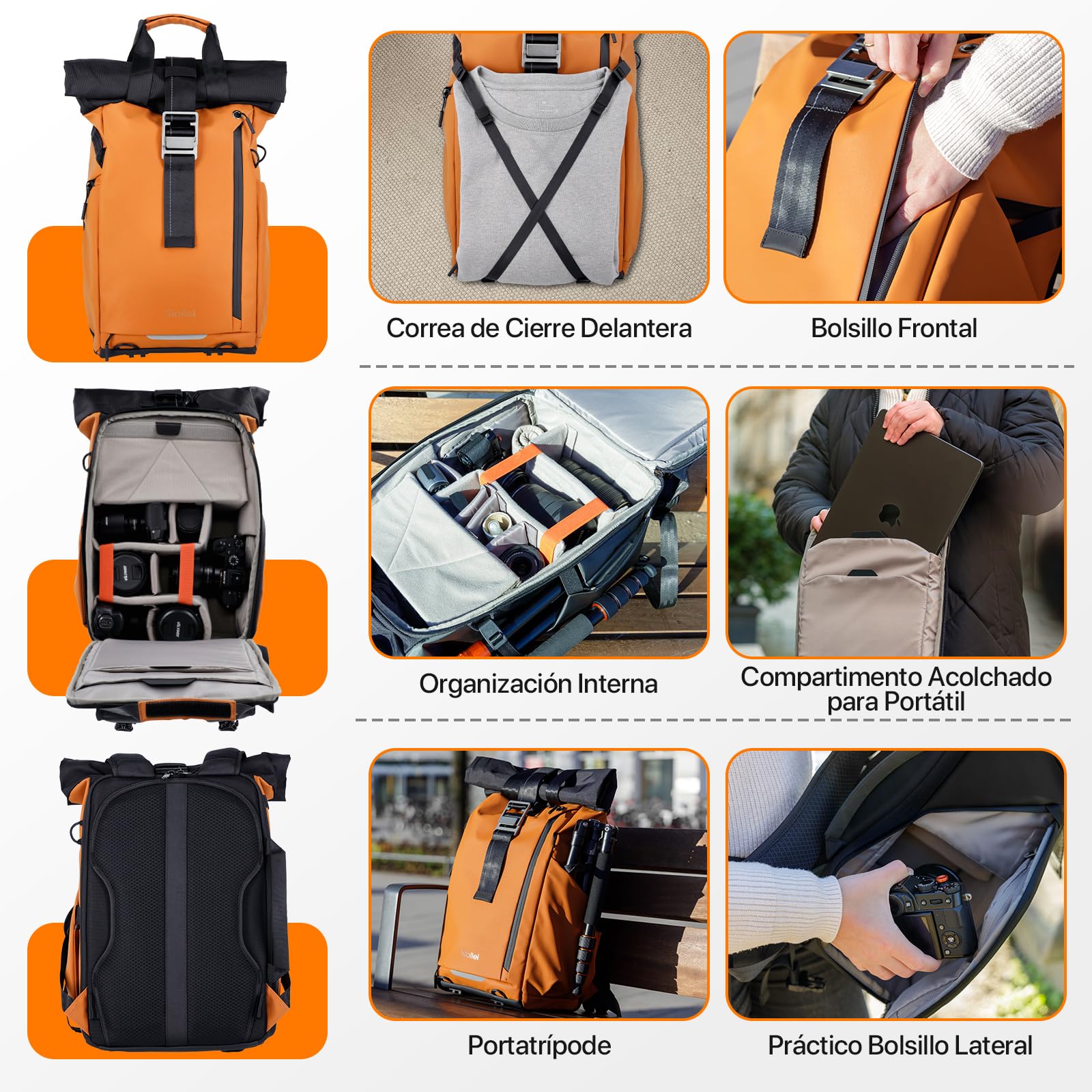 Mochila para Cámara Rollei Fotoliner Ocean Rolltop Gran Mochila Fotográfica Impermeable con Compartimento para Laptop Mochilas Camaras Fotos para Cámara DSLR 20L Naranja Cámara-Camara-Mochilas-Rolltop