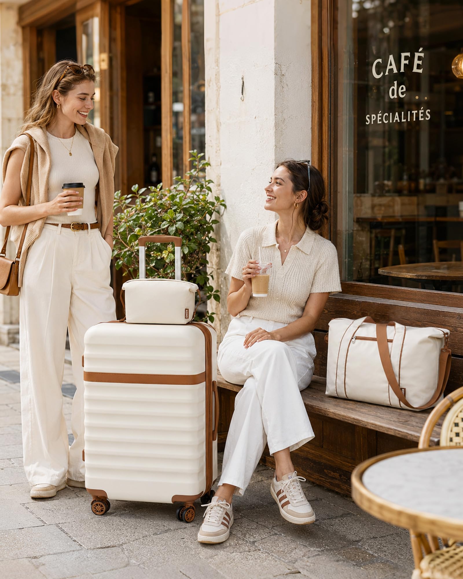 Kono Set de 3 Valises d'une Valise Grande Taille 75cm Extensible à Roues Silencieuses et Serrure TSA, Un Sac de Voyage à Poche Imperméable et Sangle pour Valise, et Une Trousse de Toilette (Crème)
