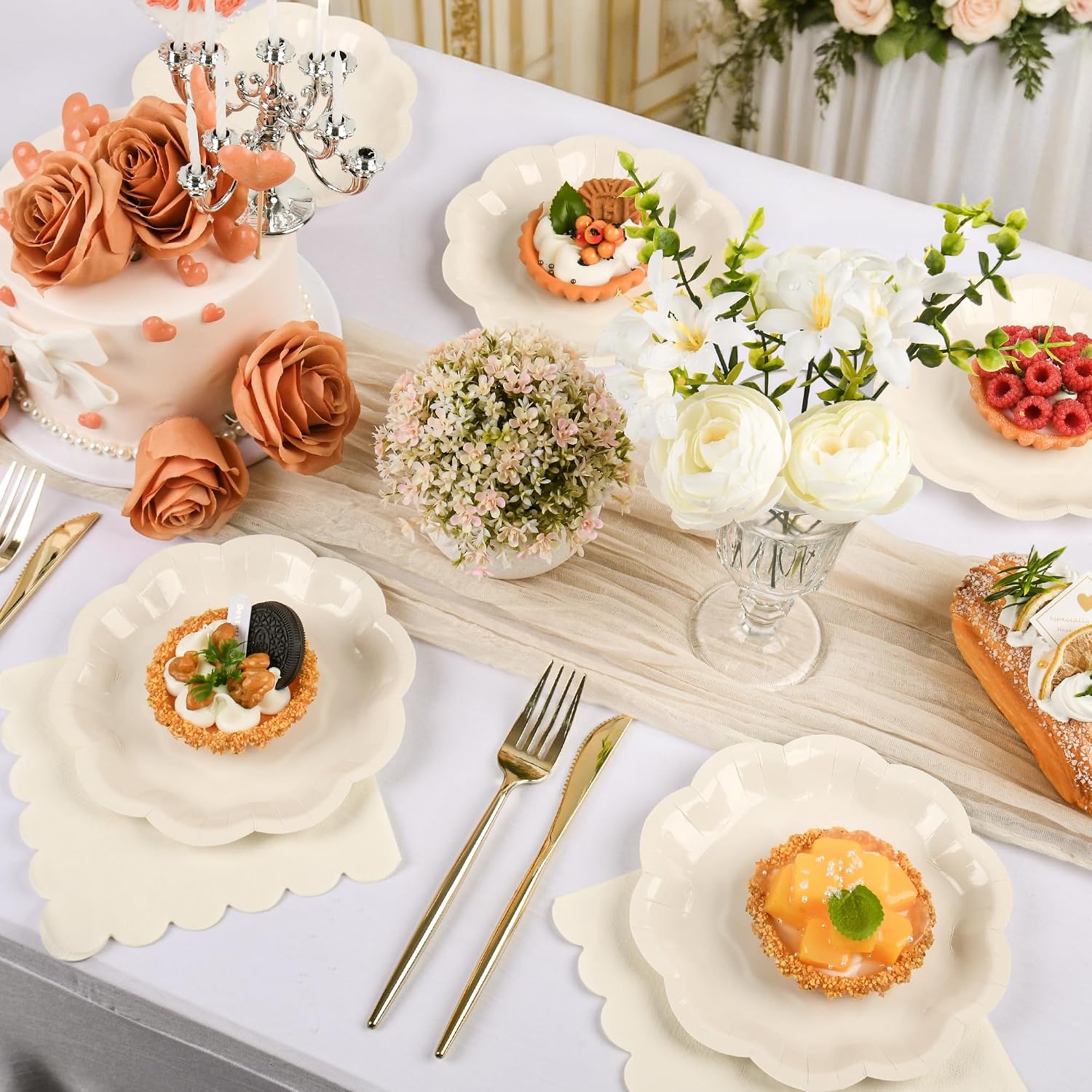 100 PCS Ivory Paper Plates and Napkins Set, Tableware Set Include 7 inch Scalloped Ivory Paper Plates Small Dessert Plate Cute Fall Plate Napkin Serve 50 for Fall Party, Baby Shower,Wedding, Birthday image 5