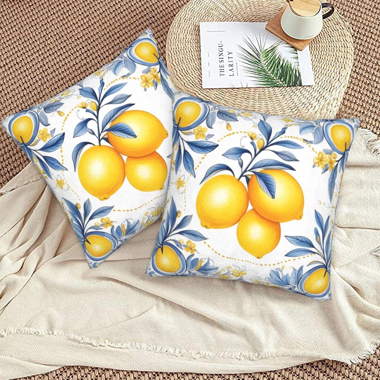 Watercolor Lemon Leaves Throw Pillow Covers 20x20 Inch Soft Square Cushion Covers for Couch Sofa Bedroom Living Room Decor Set of 2 Decorative Pillowcase