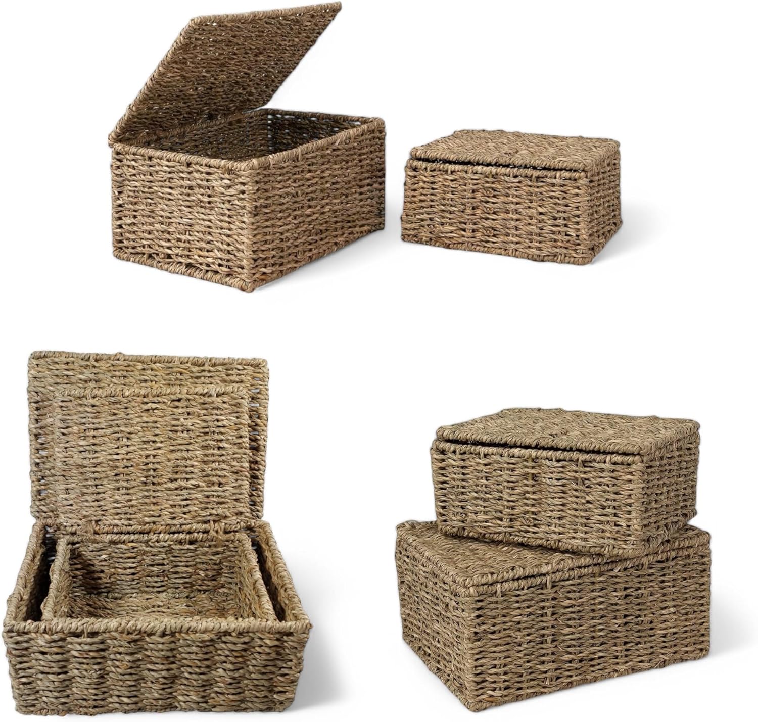Seagrass Strorage Basket with Lid - Decorative Storage Box for Bathroom, Closet, Shelf - Woven Gift Basket and Hamper for Home (Set of 2 sizes - Small & Medium)