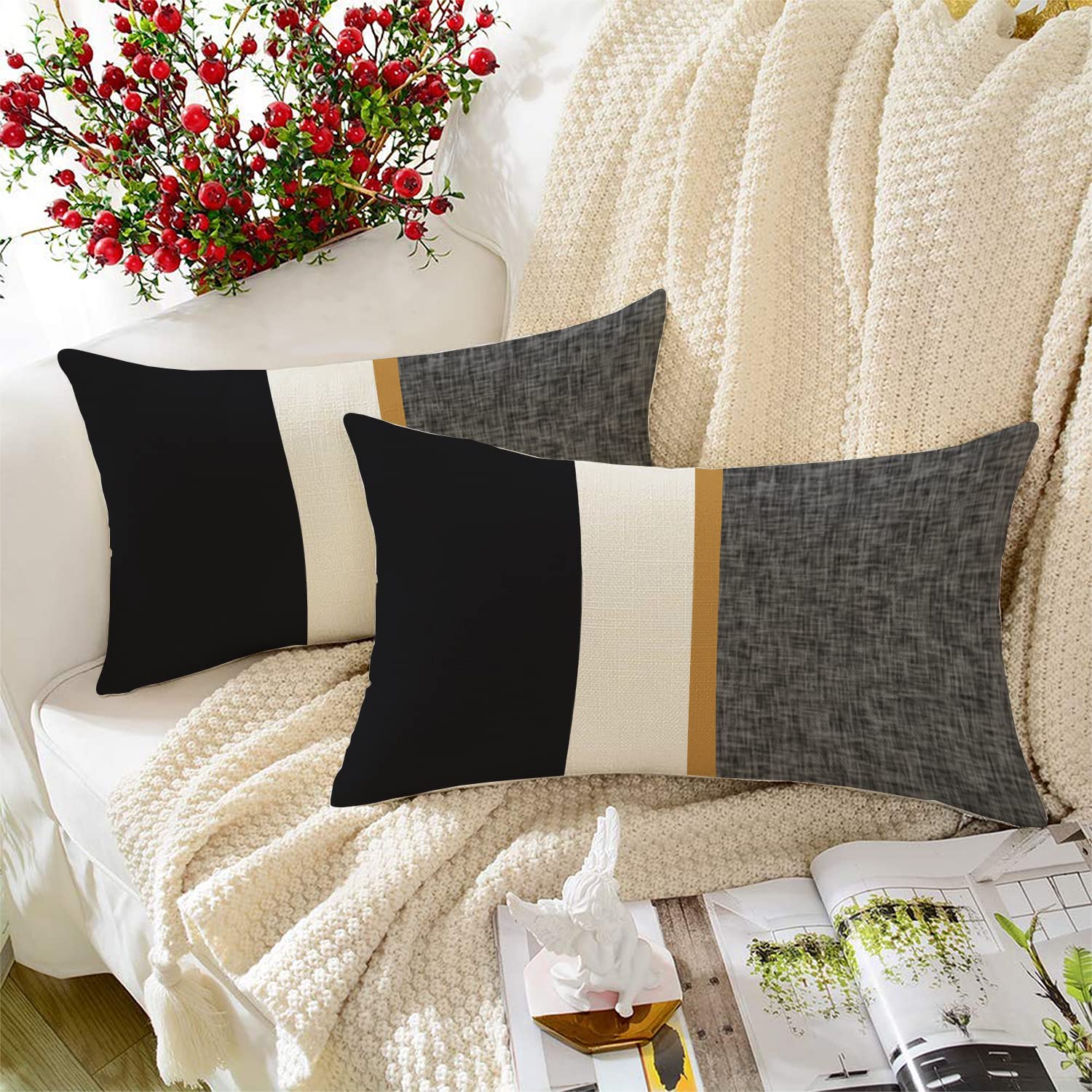 STITCHNEST Black Geometrical Printed Cotton Canvas Rectangular Cushion Cover Pack of 2 (12x18 Inches) (B0B9SLDCNL) Amazon Price History, Amazon Price Tracker
