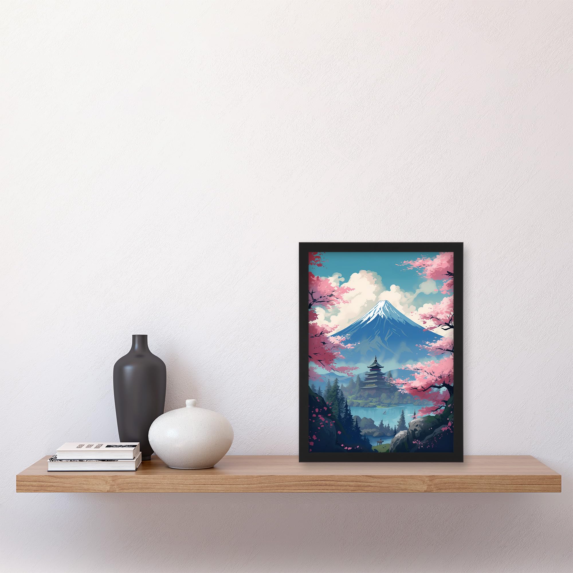 Artery8 Japanese Temple on Mount Fuji Lake Painting Green Blue Pink Cherry Blossom Trees Blooming in Tranquil Forest Landscape Artwork Framed Wall Art Print A4 - Image 4