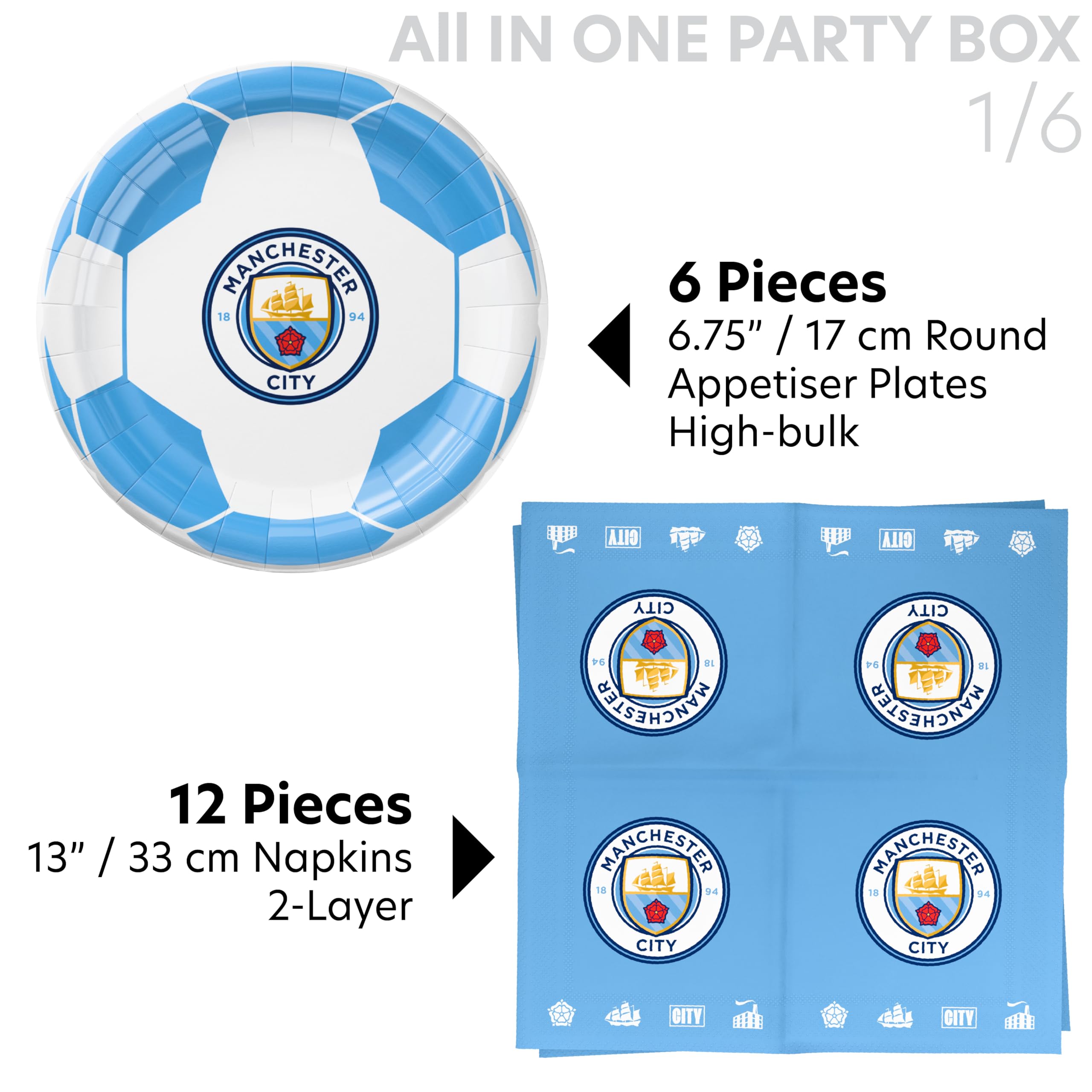 77 szt. ALL-IN-ONE ManCity FC Matchday Party Box dla 6 gości jednorazowa zastawa stołowa, z kulteriami, dekoracjami, balonami foliowymi z dżerseju, upominki na przyjęcie i bezpieczne dla żywności