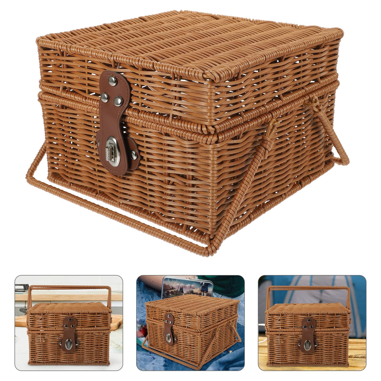 DOITOOL Cesta de Picnic Vintage Tejida a Mano de Material PP, Tamaño Mediano Asa Resistente, Cesta para Almacenar Frutas y Alimentos Adecuado para Picnic y Exteriores
