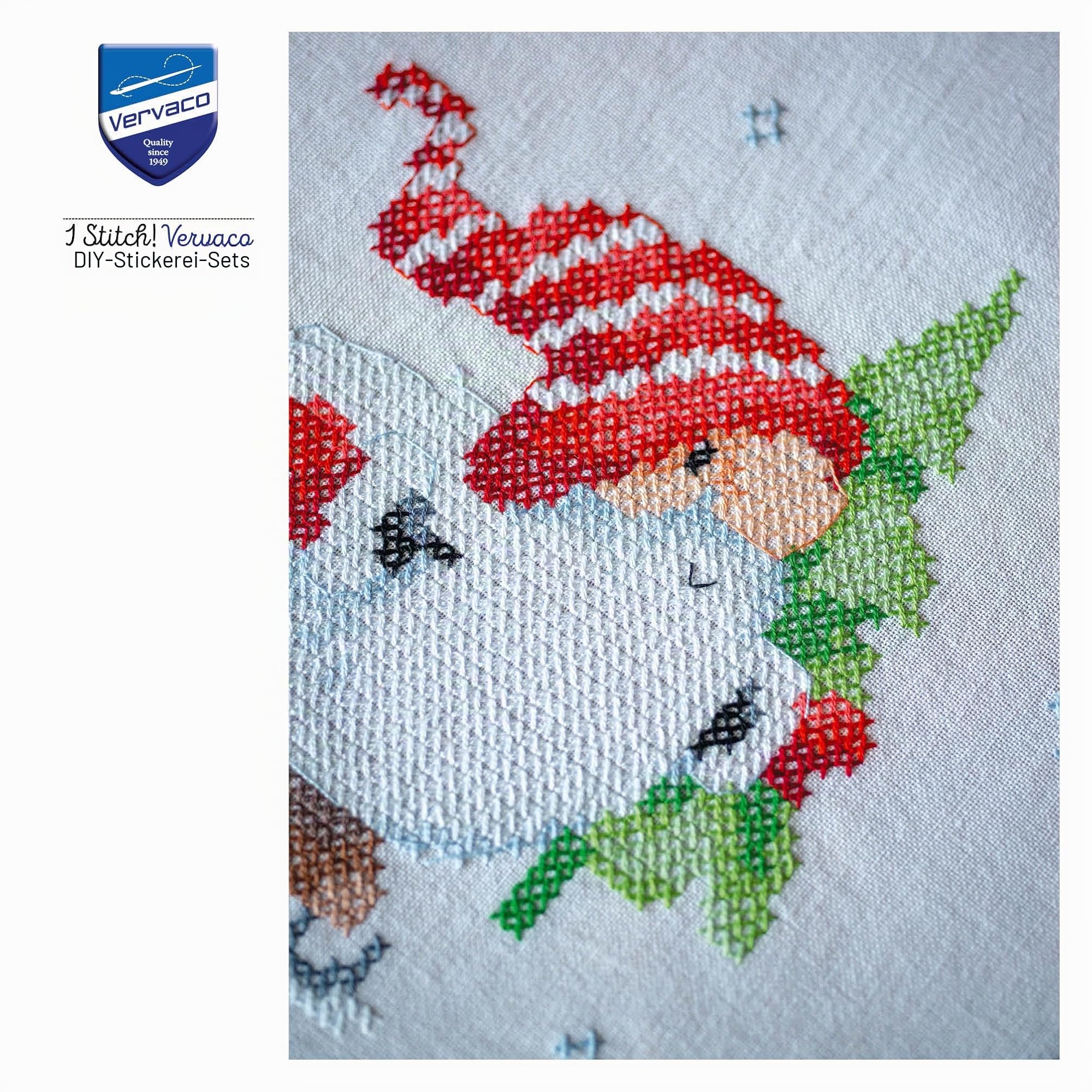 Vervaco Kreuzstich Stickpackungen Tischdecke Weihnachtsgnome Stickdecken Vorgezeichnet Basteln Erwachsene Kreativ Set Vorgedruckte Decke Sticken 80 x 80 cm Stickset DIY Sticken Set