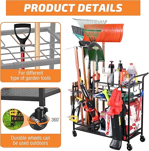 Vista 2 de PLKOW Organizador de herramientas de jardín con ruedas, estante de herramientas de jardín, soporte de herramientas de patio para rastrillos, pala